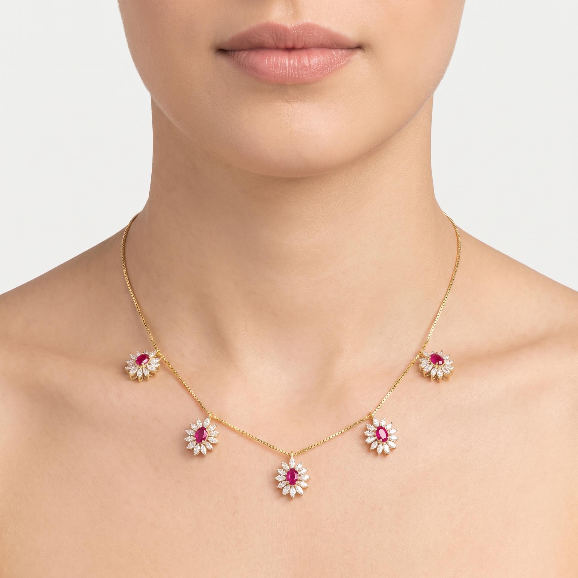 Ruby & Marquise Diamond Daisy Station Necklace on model