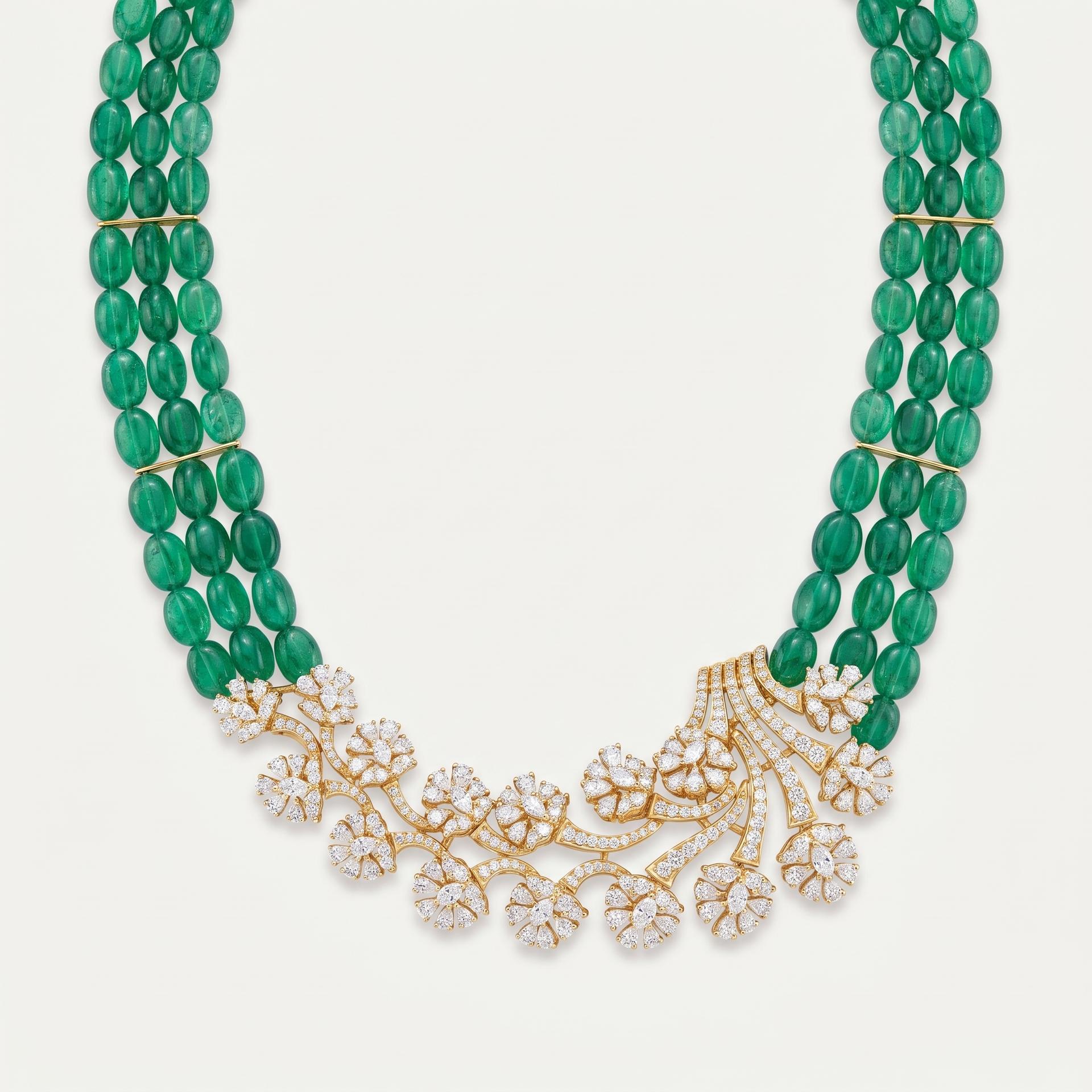 Emerald Bead & Diamond Floral Spray Necklace