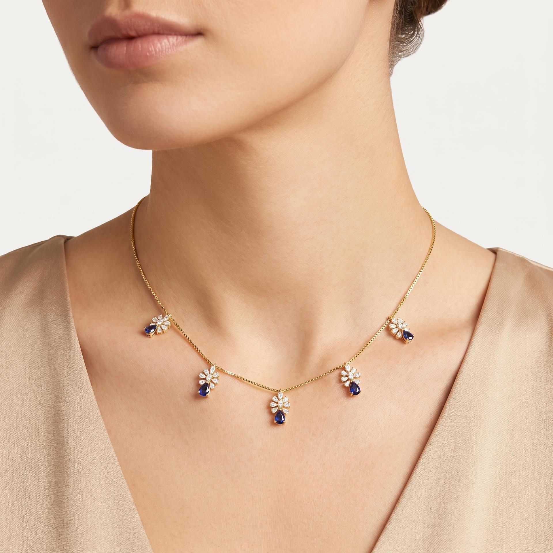 Marquise Diamond Fan & Pear Sapphire Station Necklace on model