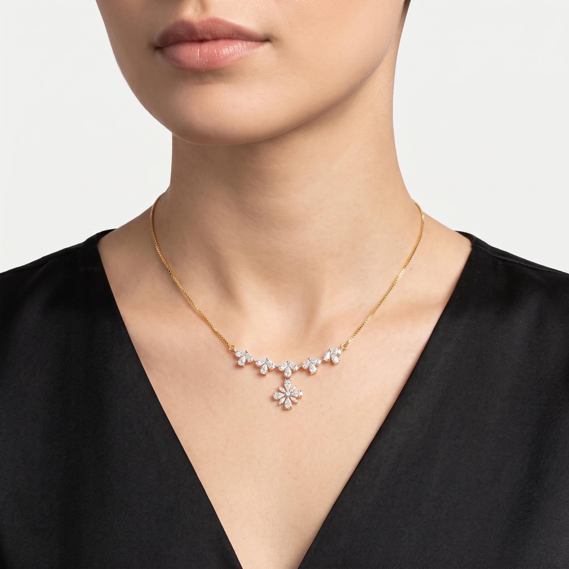 Pear Diamond Arc & Floral Drop Necklace on model