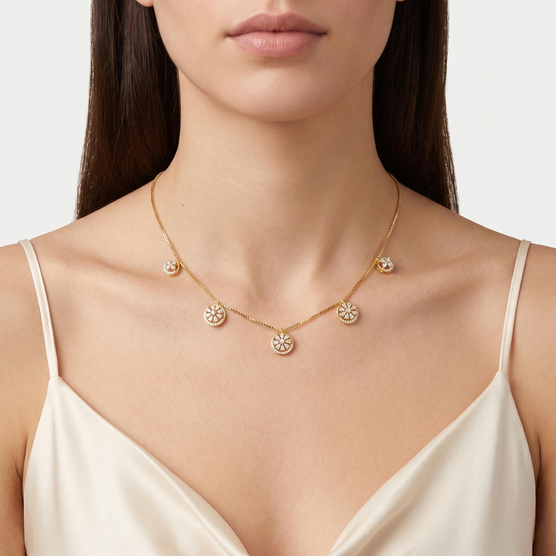 Marquise Diamond Pinwheel Disc Station Necklace on model