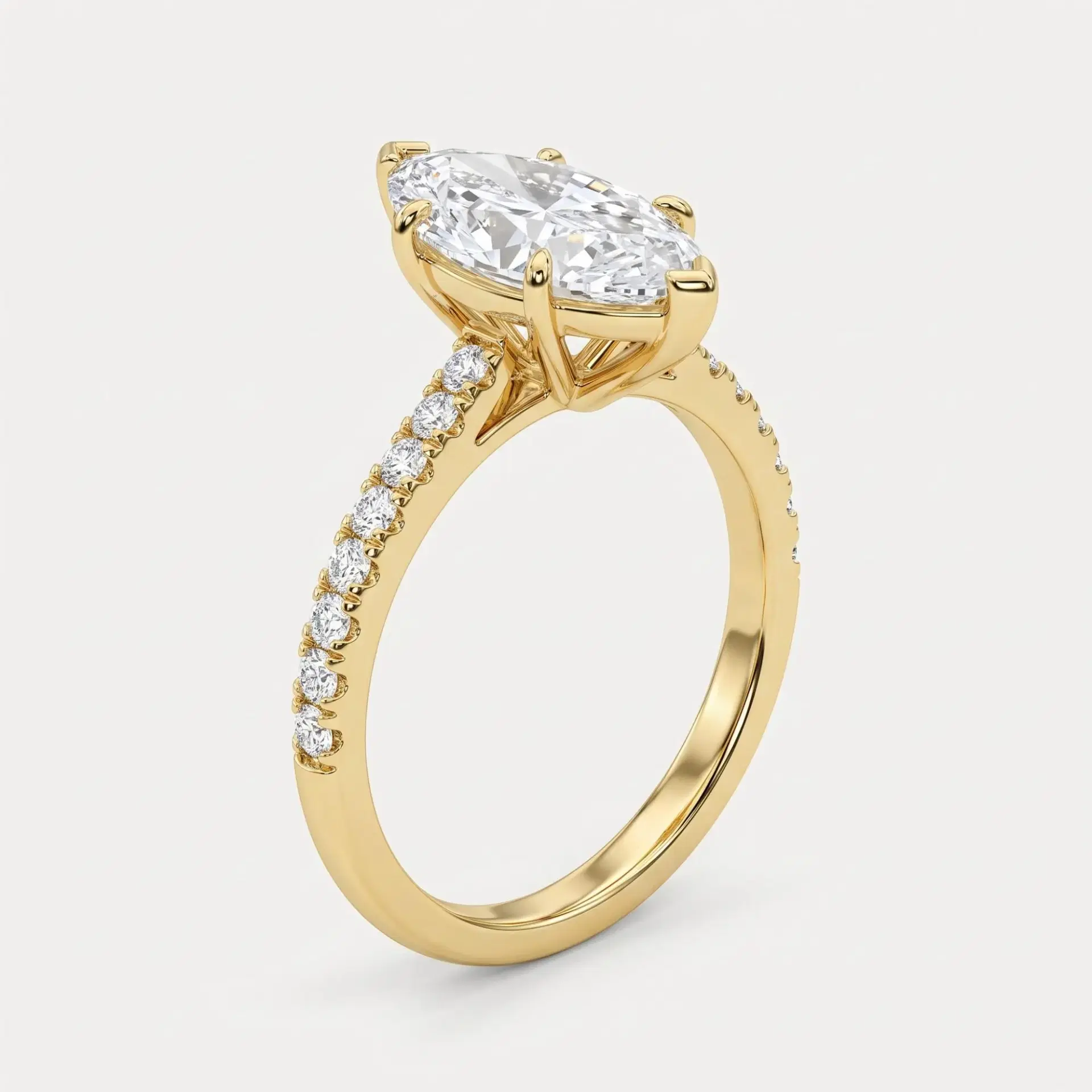 Marquise Diamond Six Prong Ring with Pavé Band on model