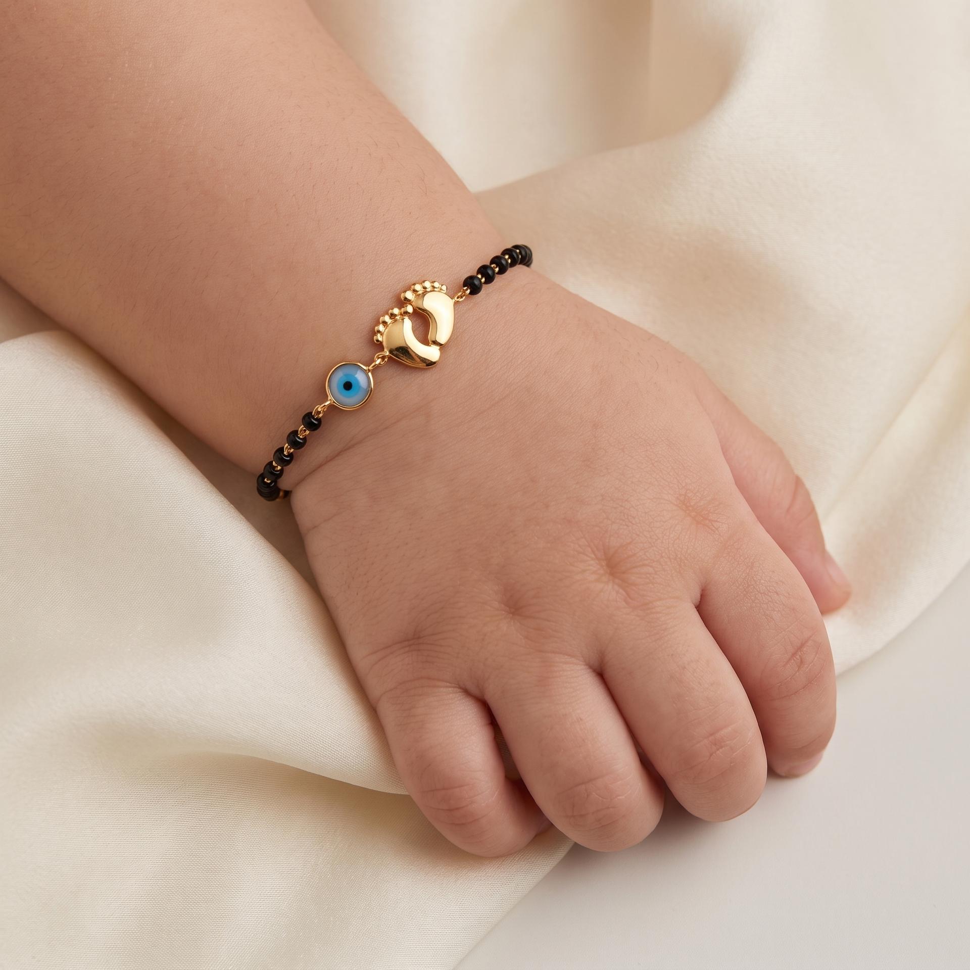 Little Feet — Baby Footprint & Evil Eye Beaded Chain Bracelet 2