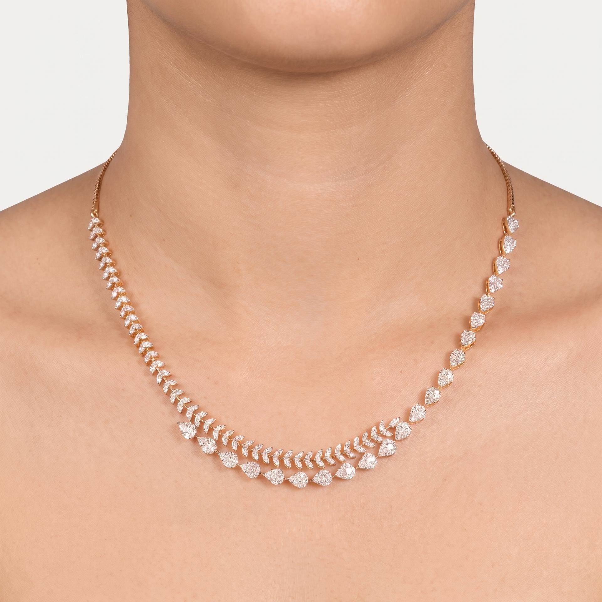 Pear Diamond Graduated Wave Necklace on model