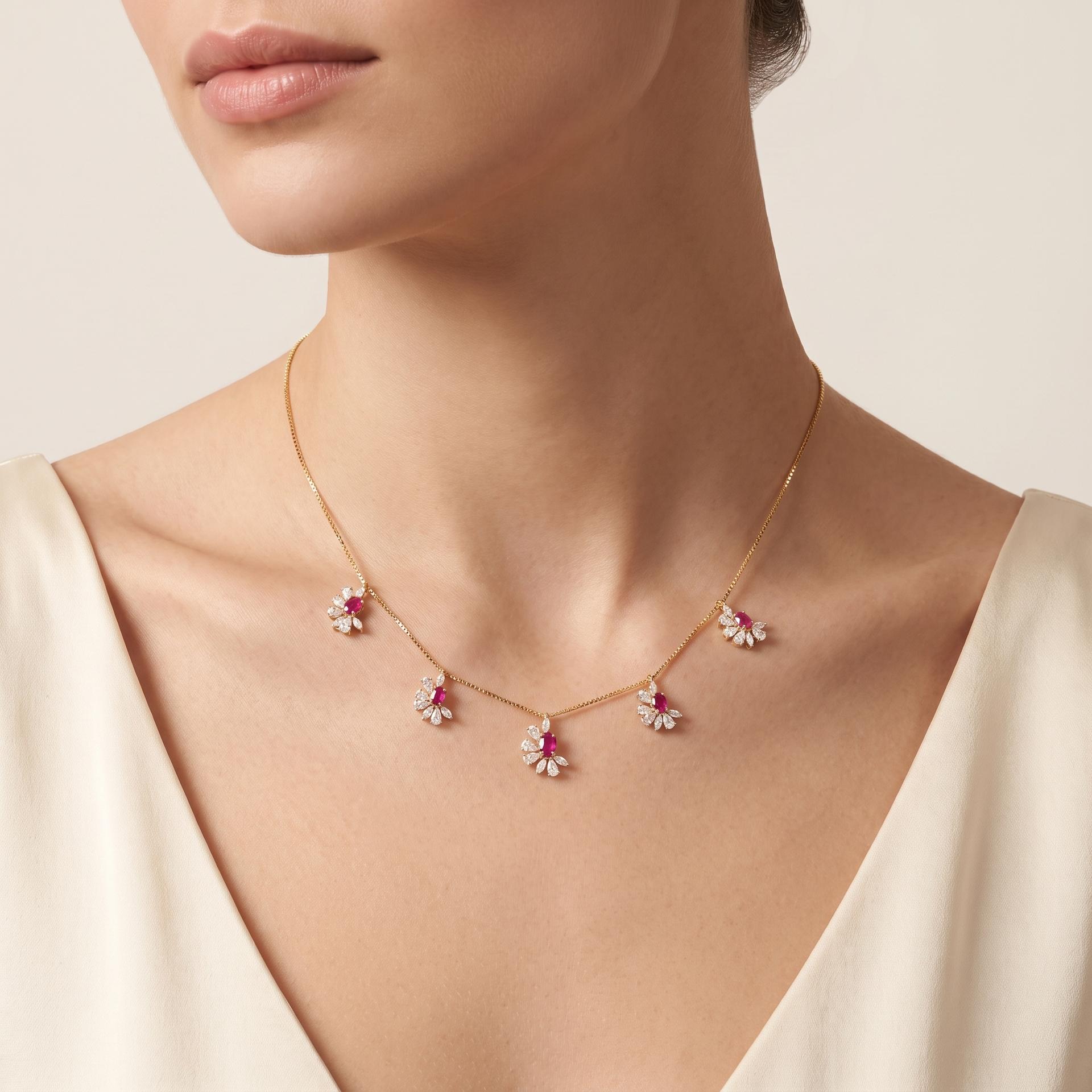 Ruby & Marquise Diamond Floral Station Necklace on model