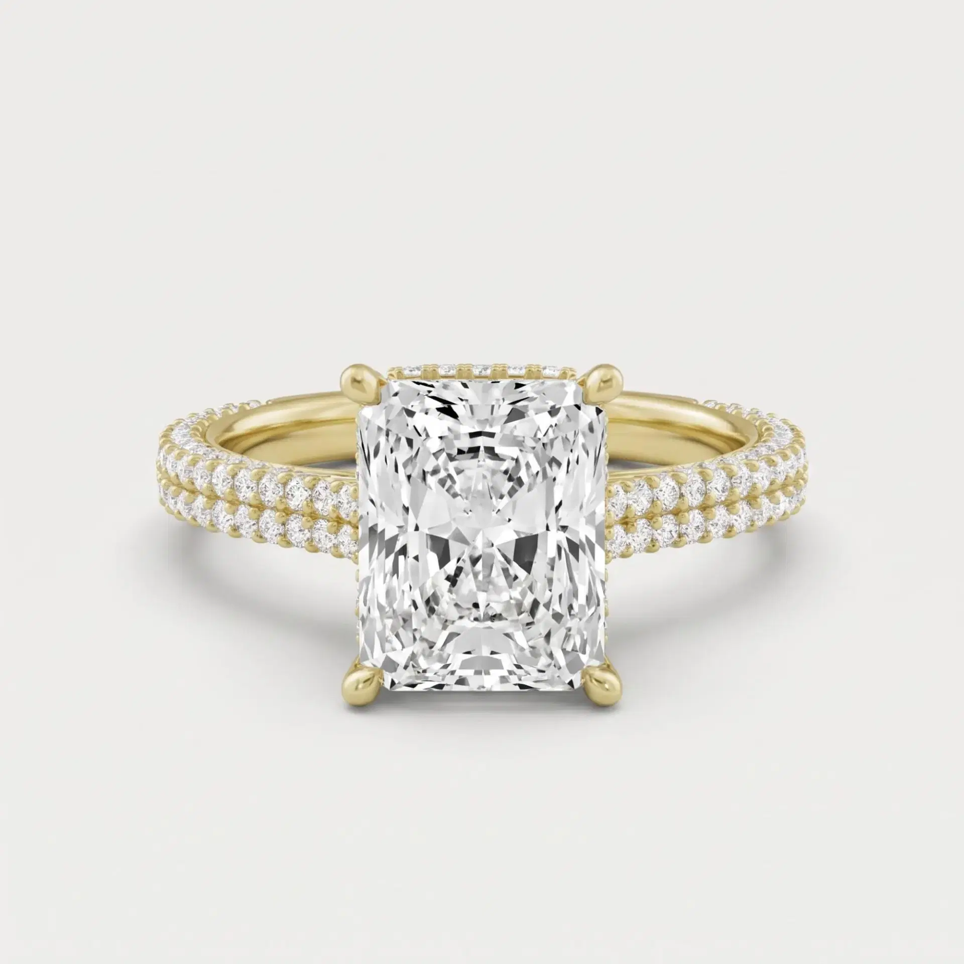 Radiant Cut Diamond Hidden Halo Ring with Double Row Pavé Band