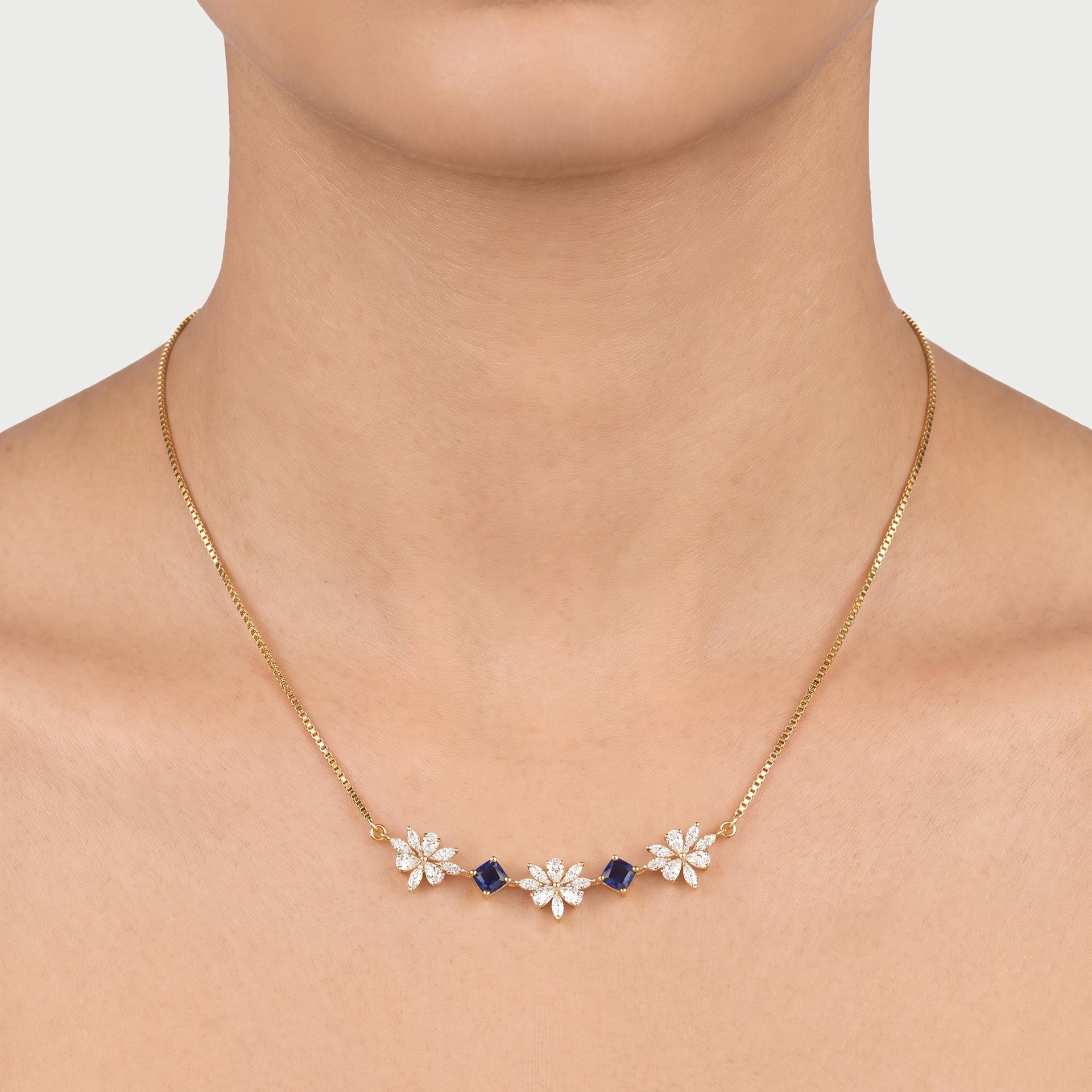 Diamond & Sapphire Floral Trio Necklace on model