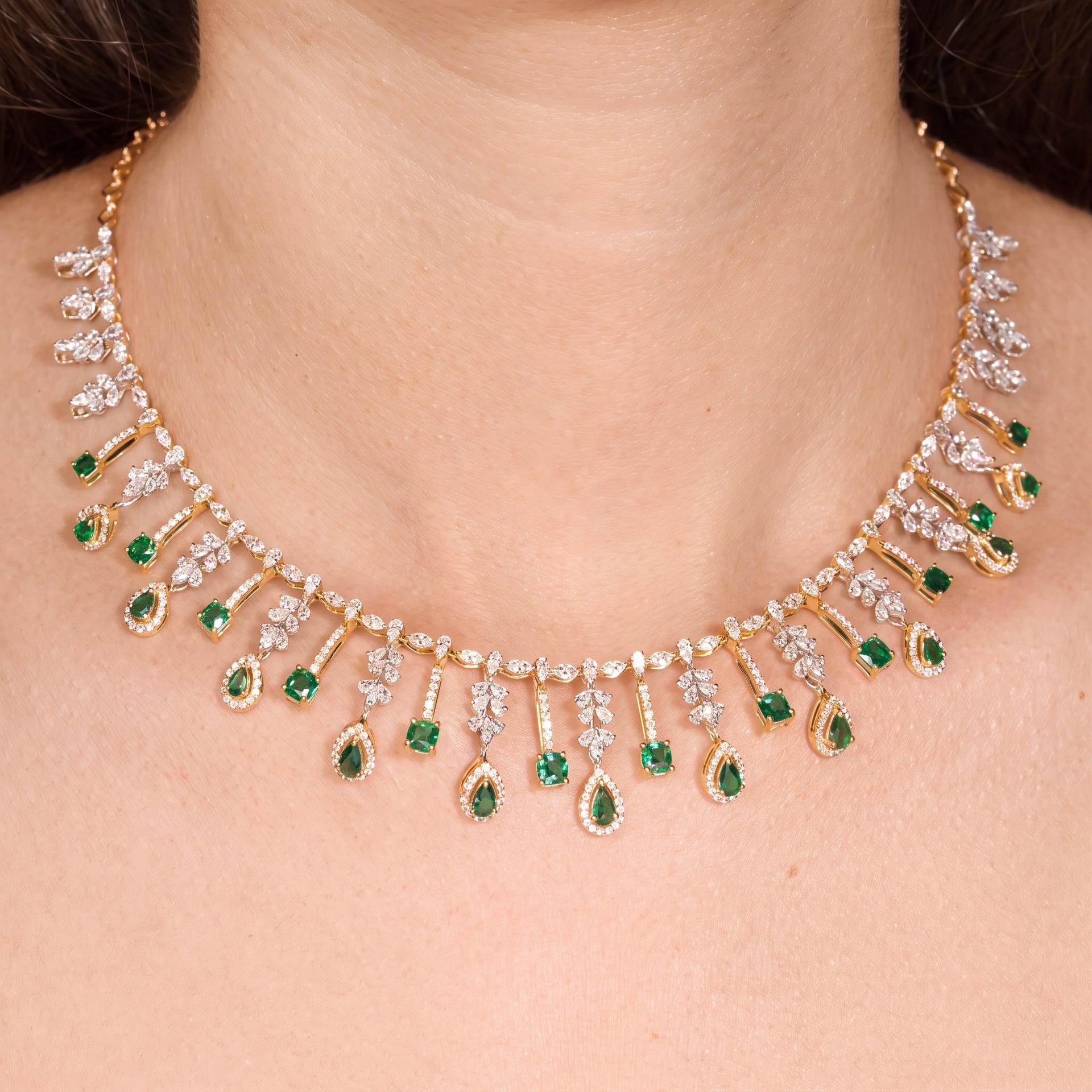 Emerald Pear Drop Diamond Fringe Necklace on model