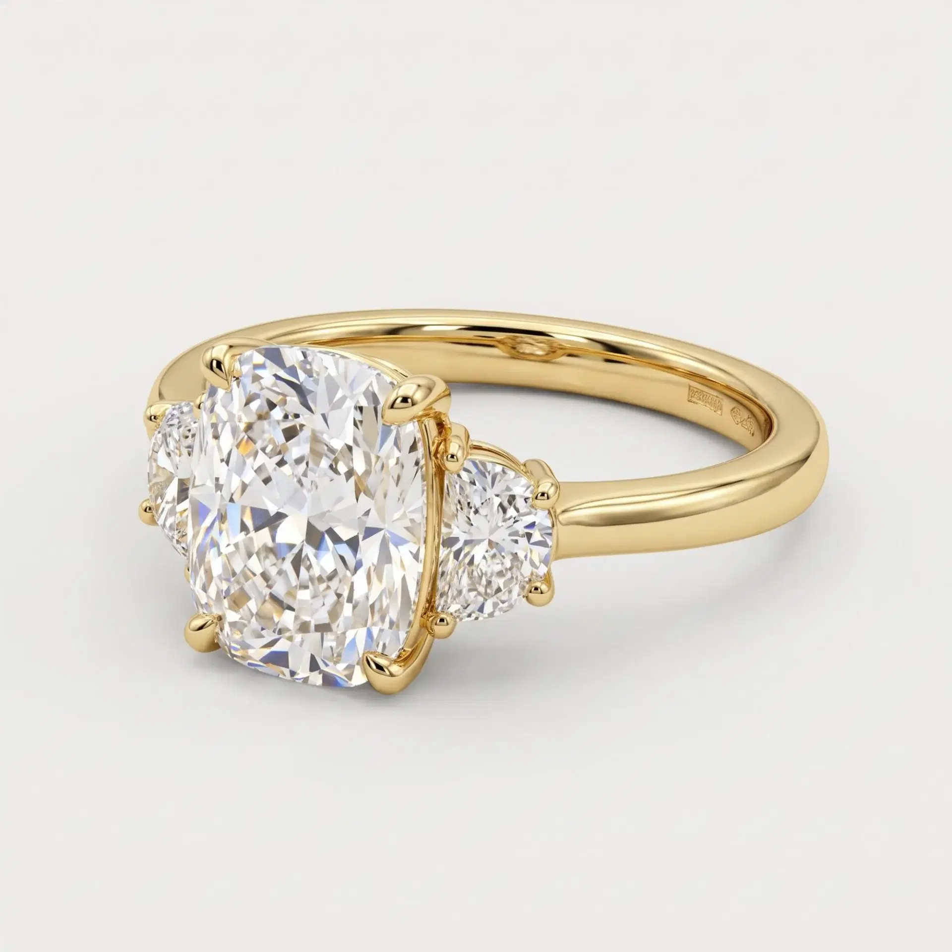 Elongated Cushion & Half Moon Diamond Three Stone Ring on model