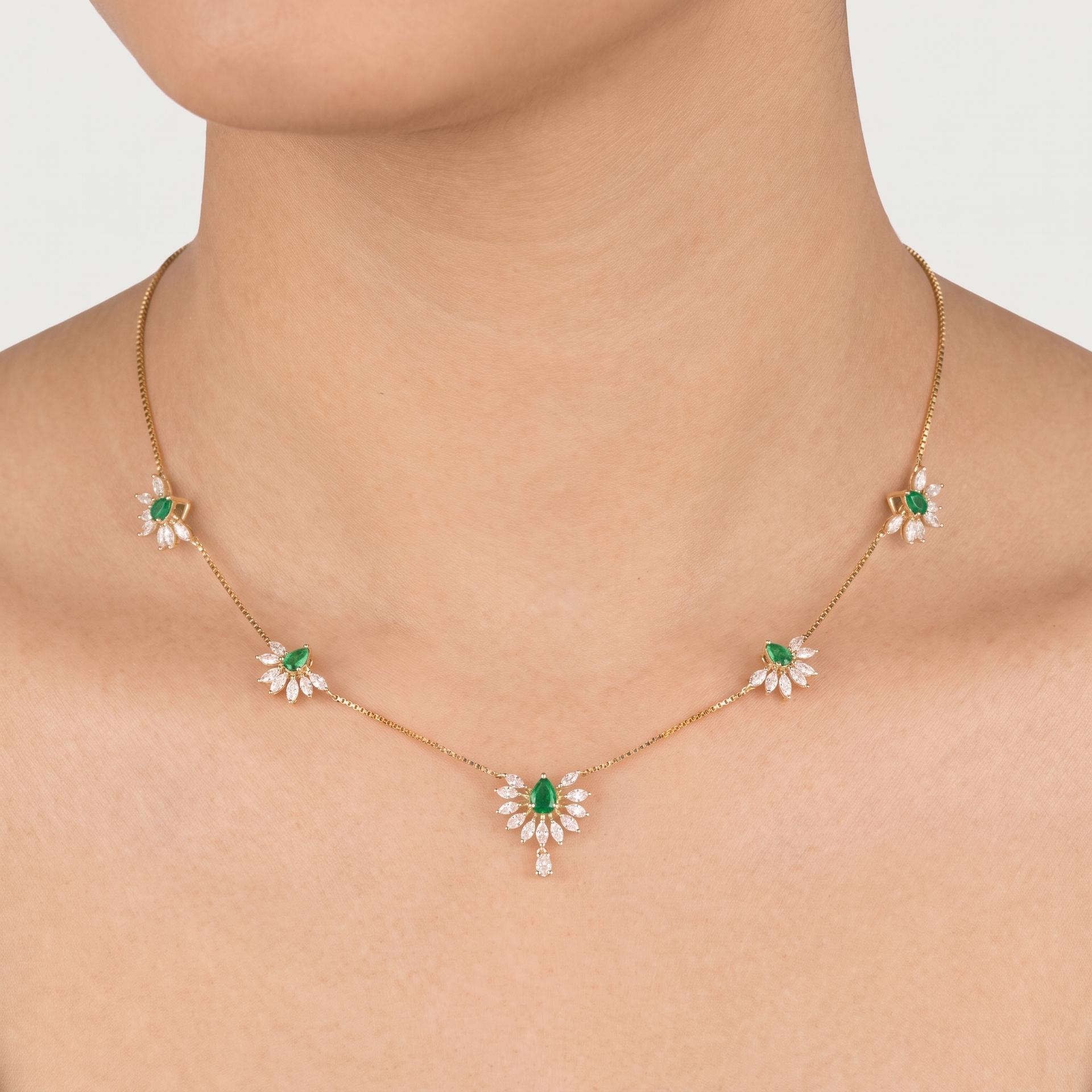 Emerald & Marquise Diamond Fan Station Necklace on model