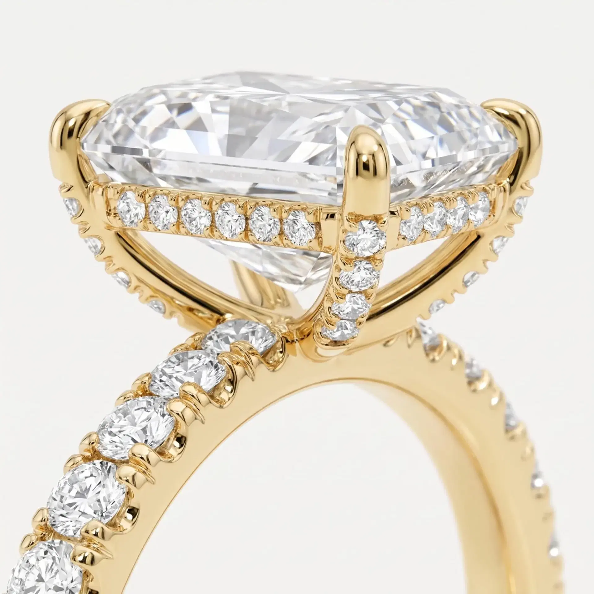Radiant Cut Diamond Hidden Halo Ring with Pavé Shank on model