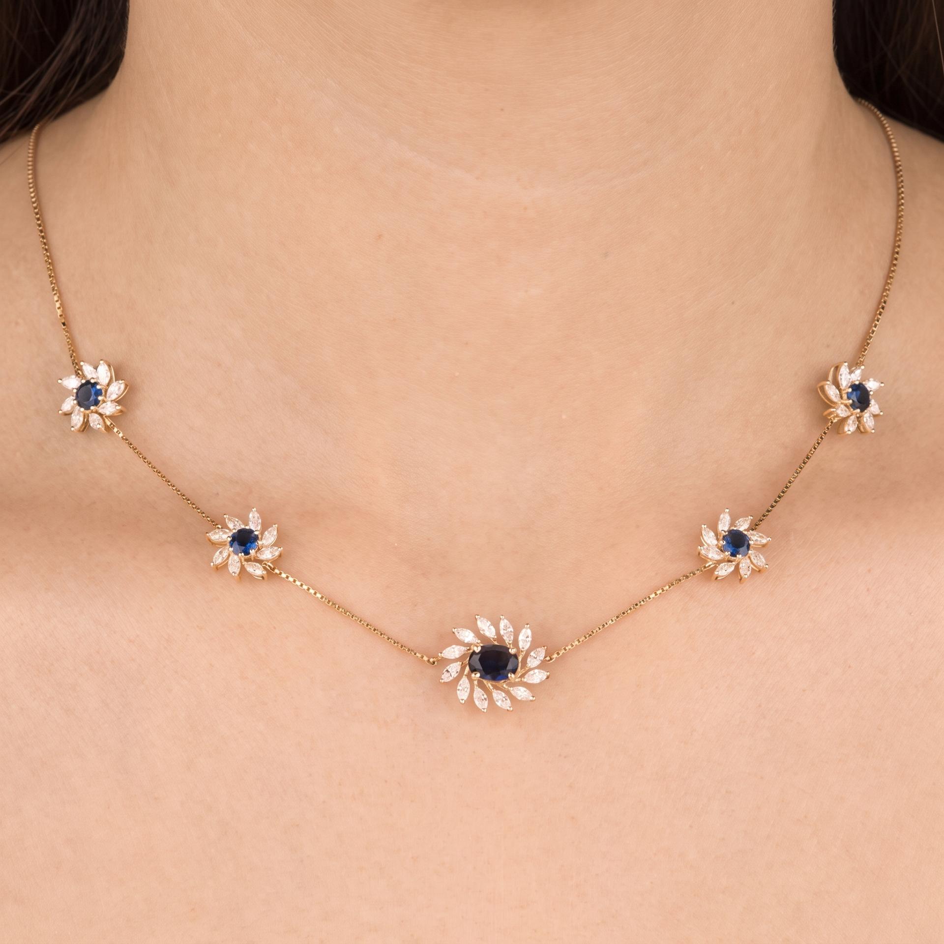 Sapphire & Diamond Floral Station Necklace on model