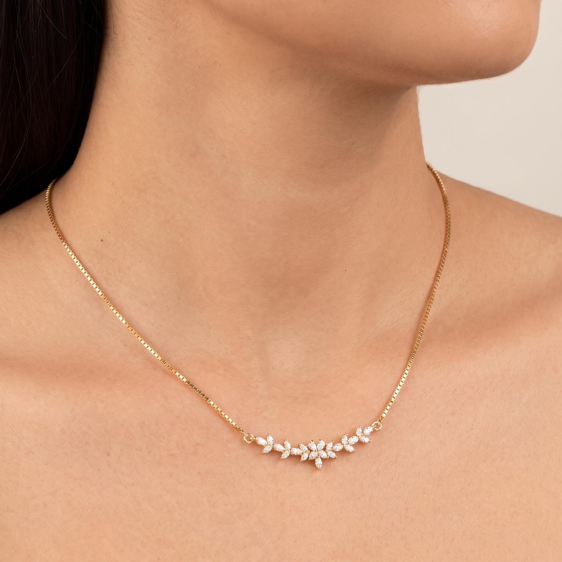 Marquise Diamond Petite Floral Bar Necklace on model