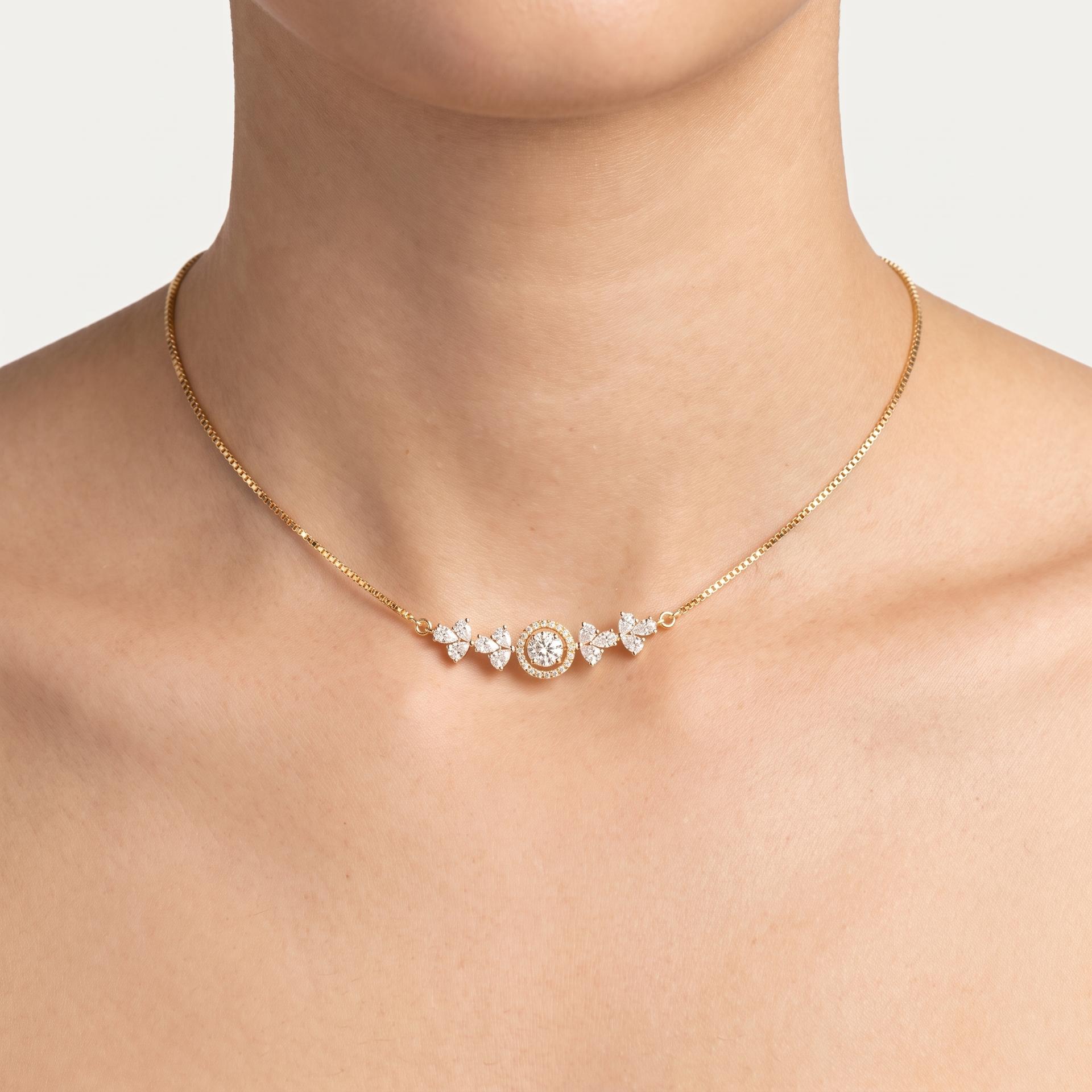 Round Halo & Pear Diamond Trefoil Bar Necklace on model