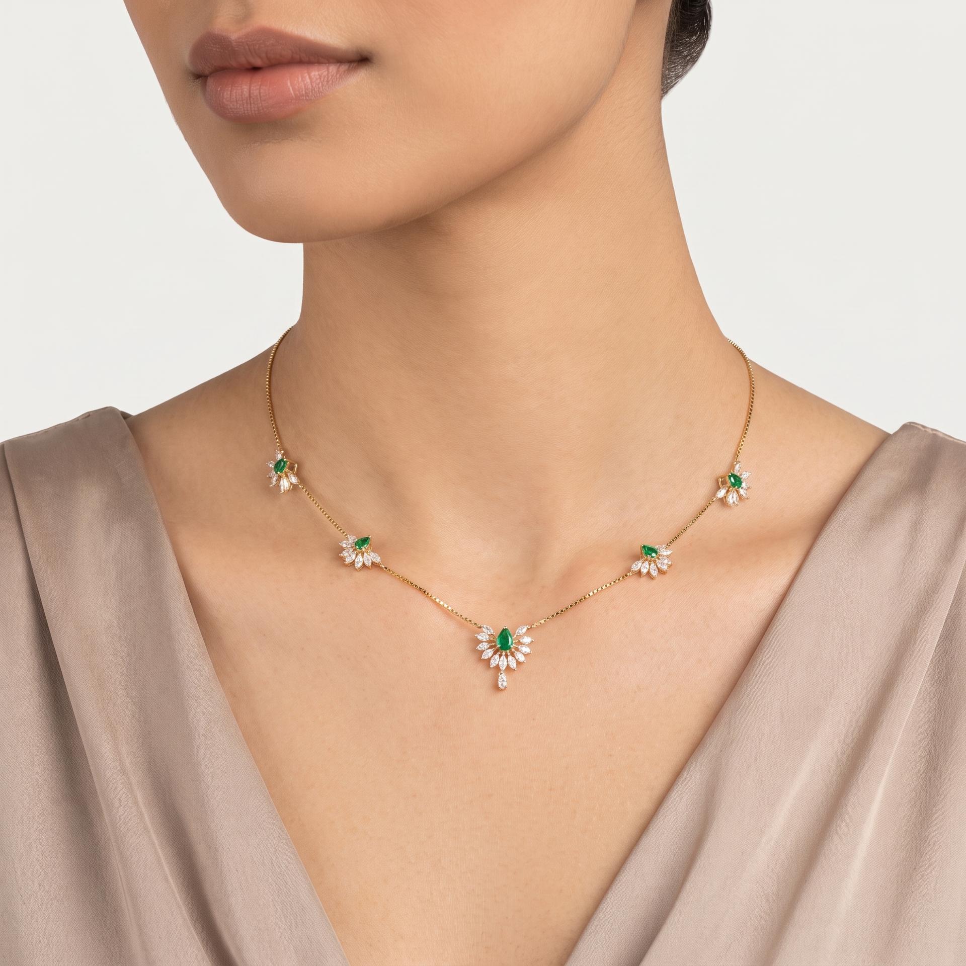 Emerald & Marquise Diamond Fan Station Necklace on model
