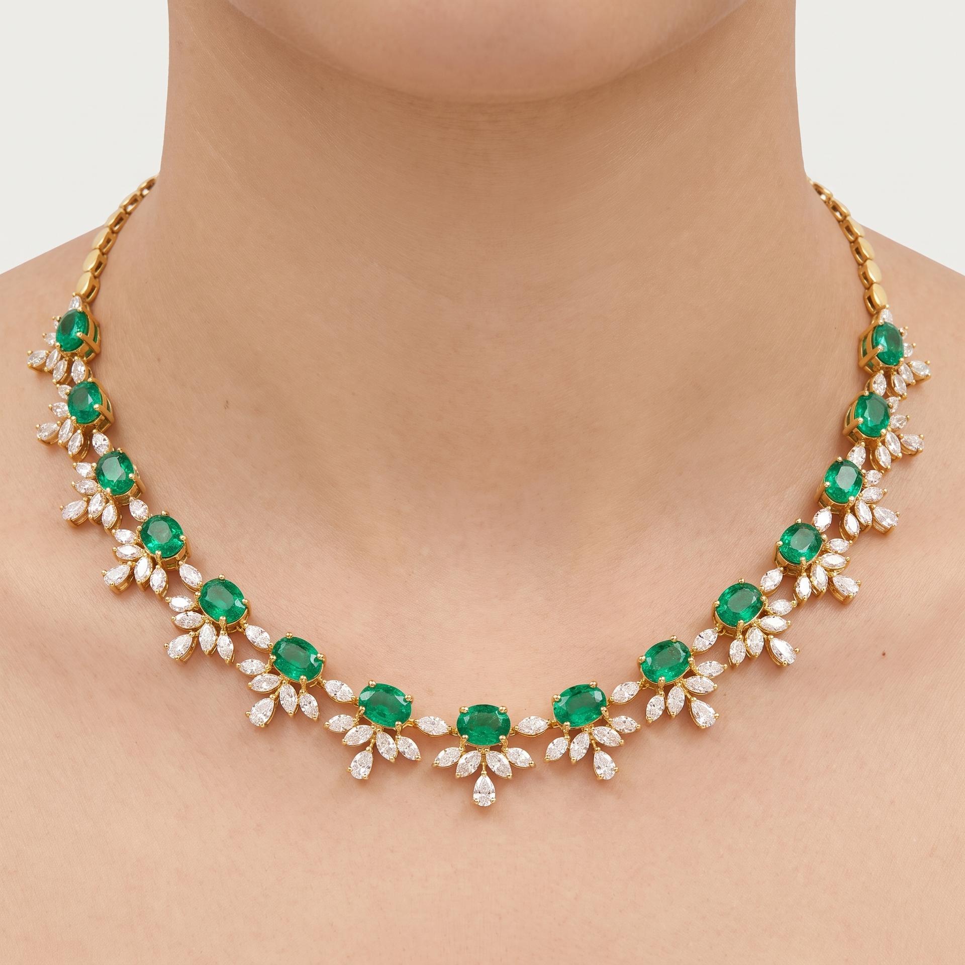 Emerald & Marquise Diamond Floral Vine Necklace on model
