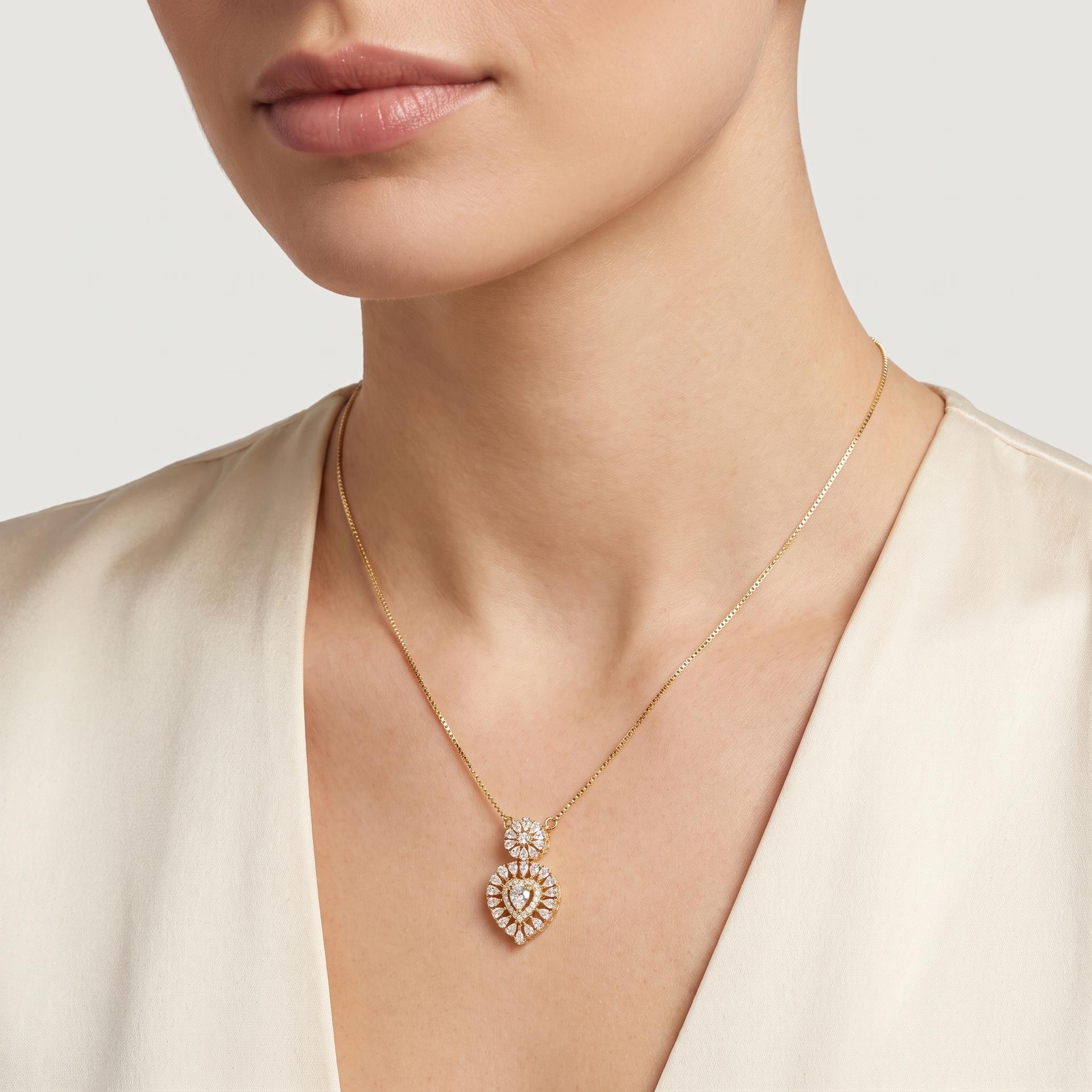 Pear Diamond Heart Halo & Floral Station Necklace on model