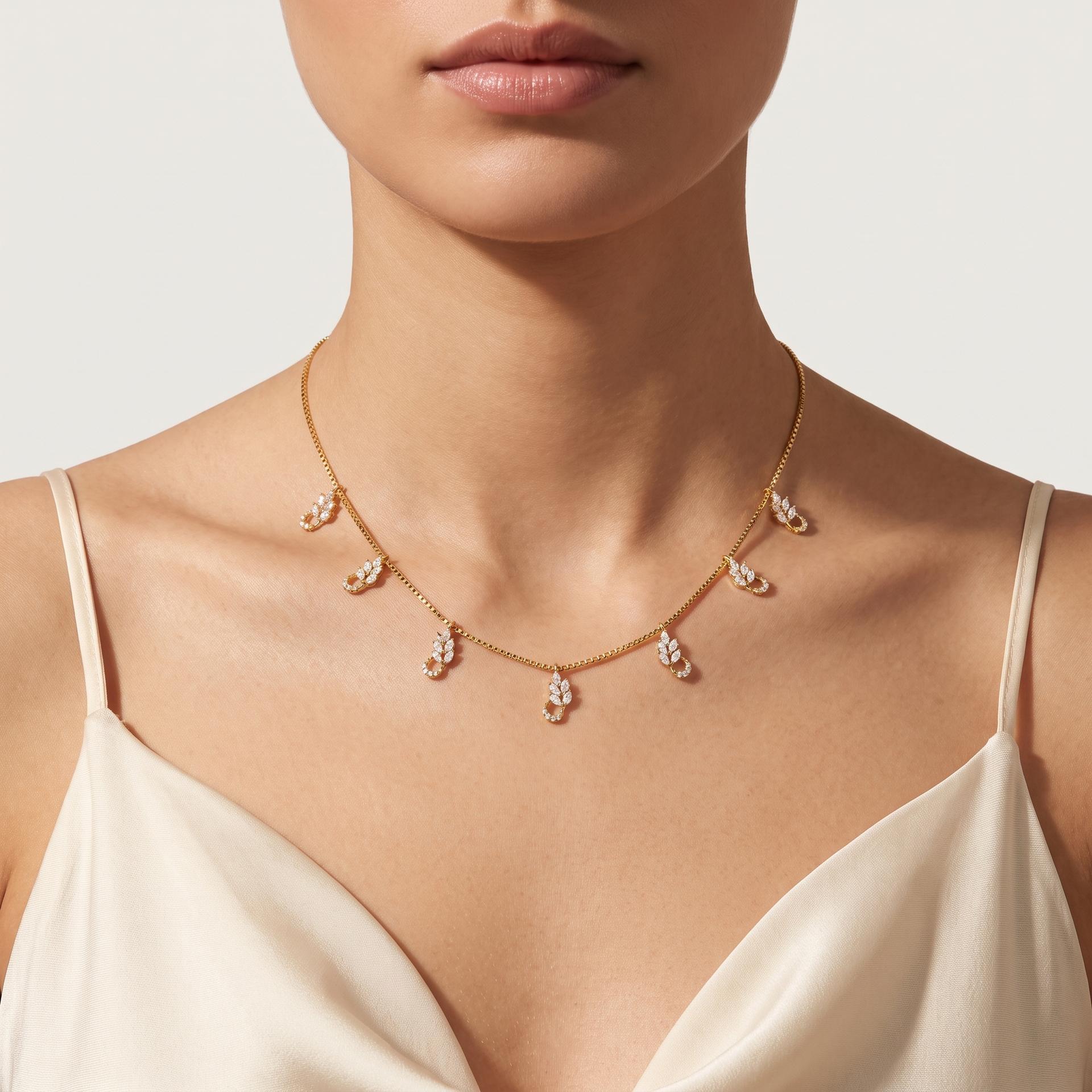 Marquise Leaf & Pavé Circle Station Necklace on model