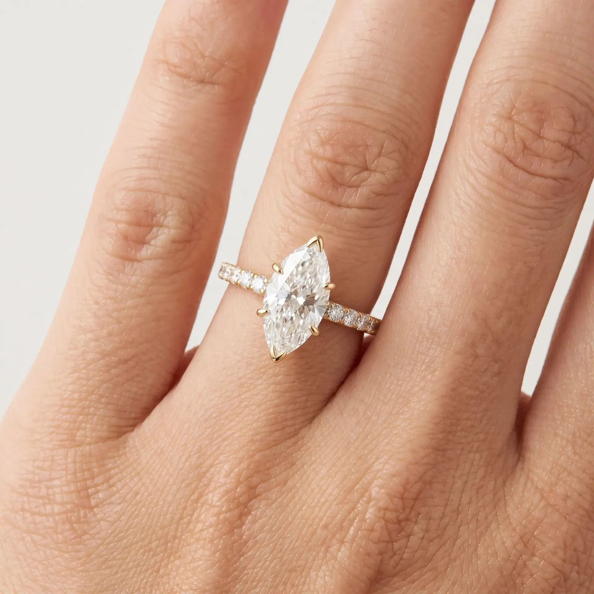 Marquise Diamond Six Prong Ring with Pavé Band on model