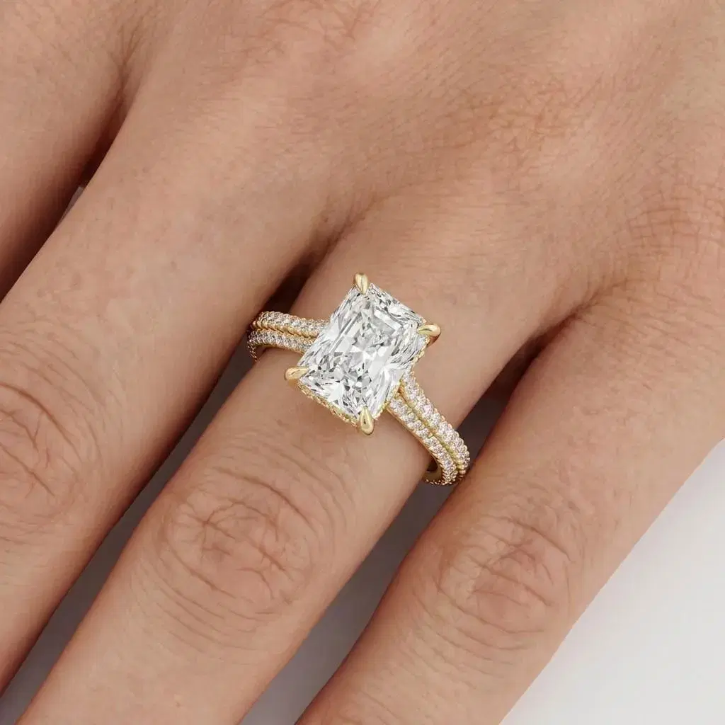 Radiant Cut Diamond Hidden Halo Ring with Double Row Pavé Band on model