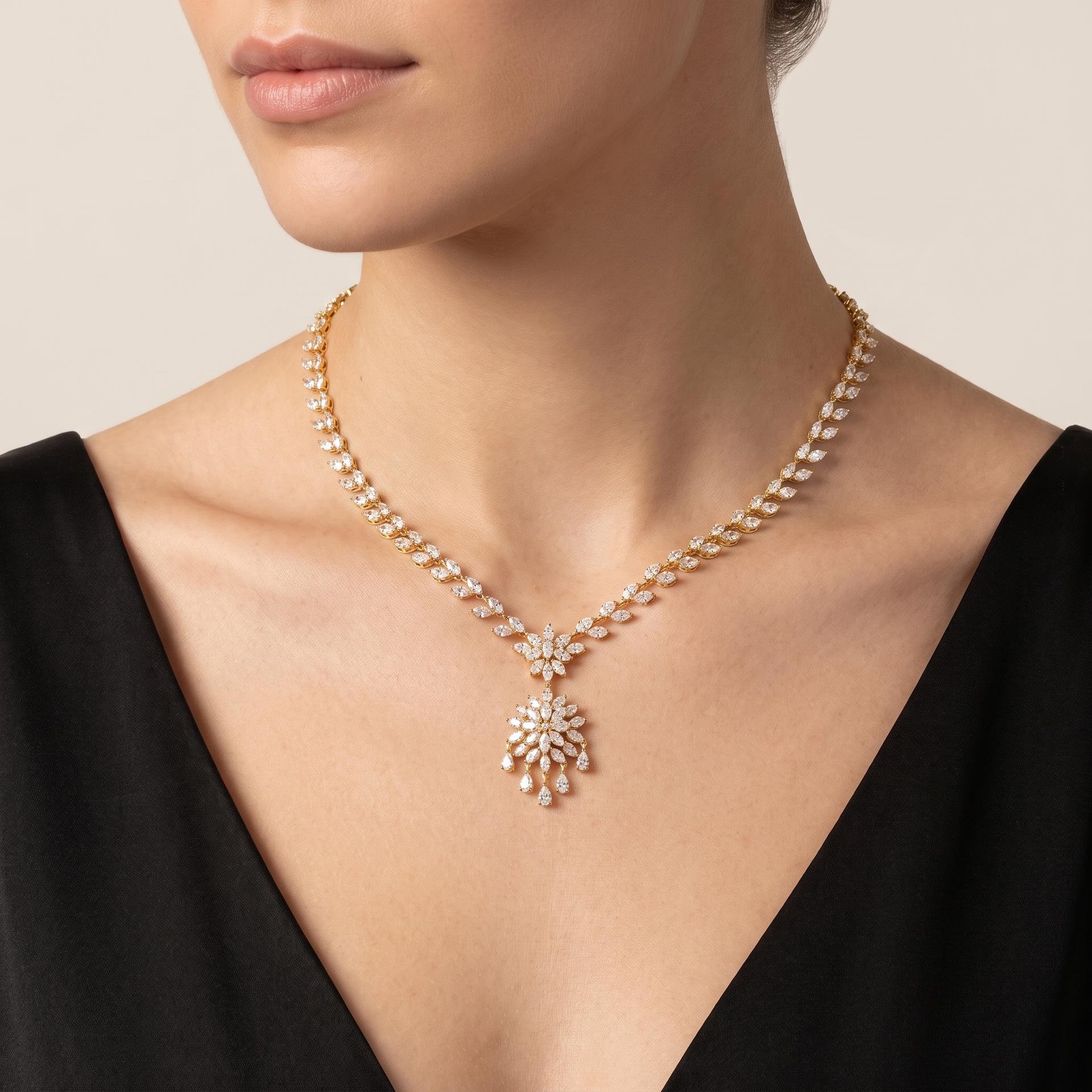 Marquise & Pear Diamond Starburst Drop Necklace on model