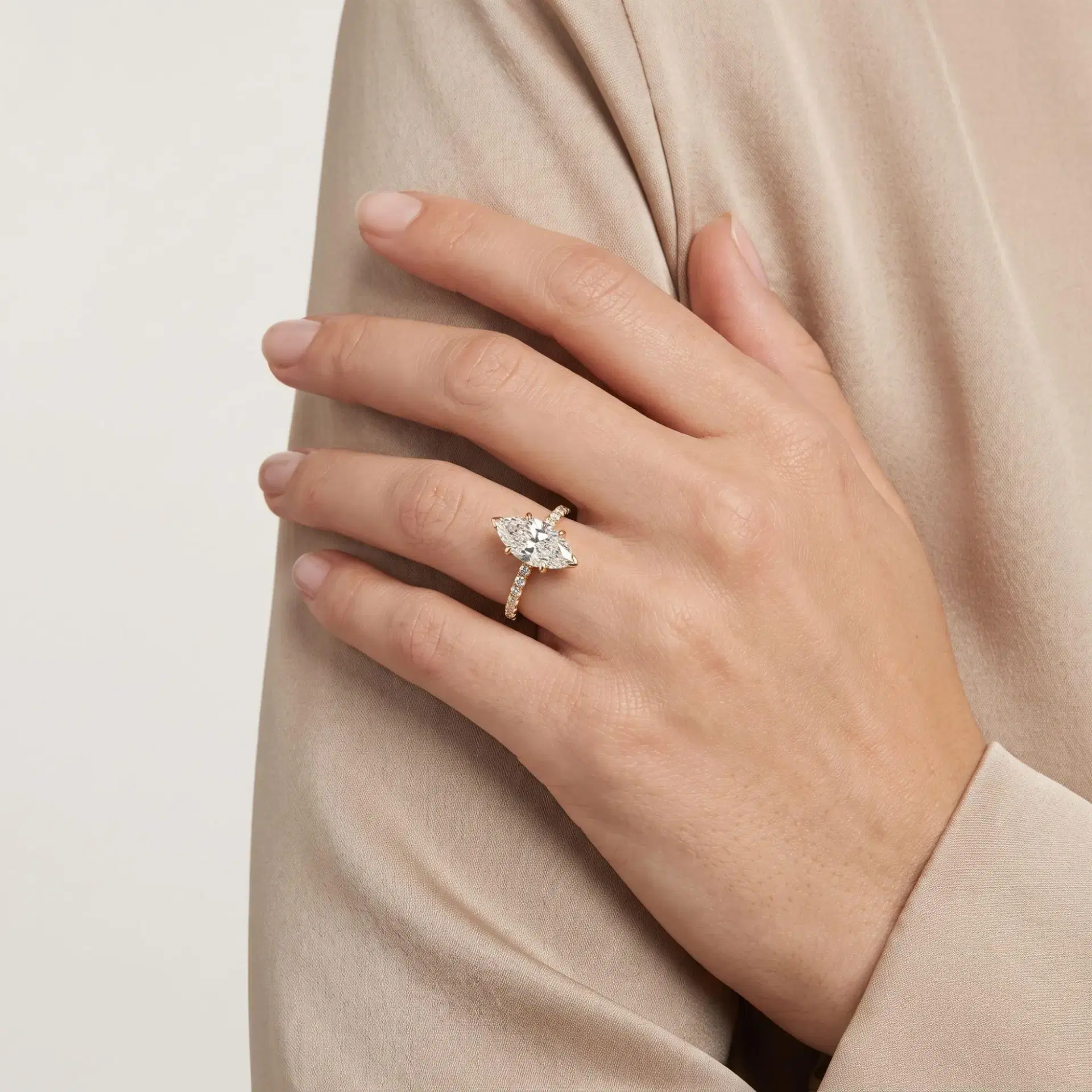 Marquise Diamond Six Prong Ring with Pavé Band on model