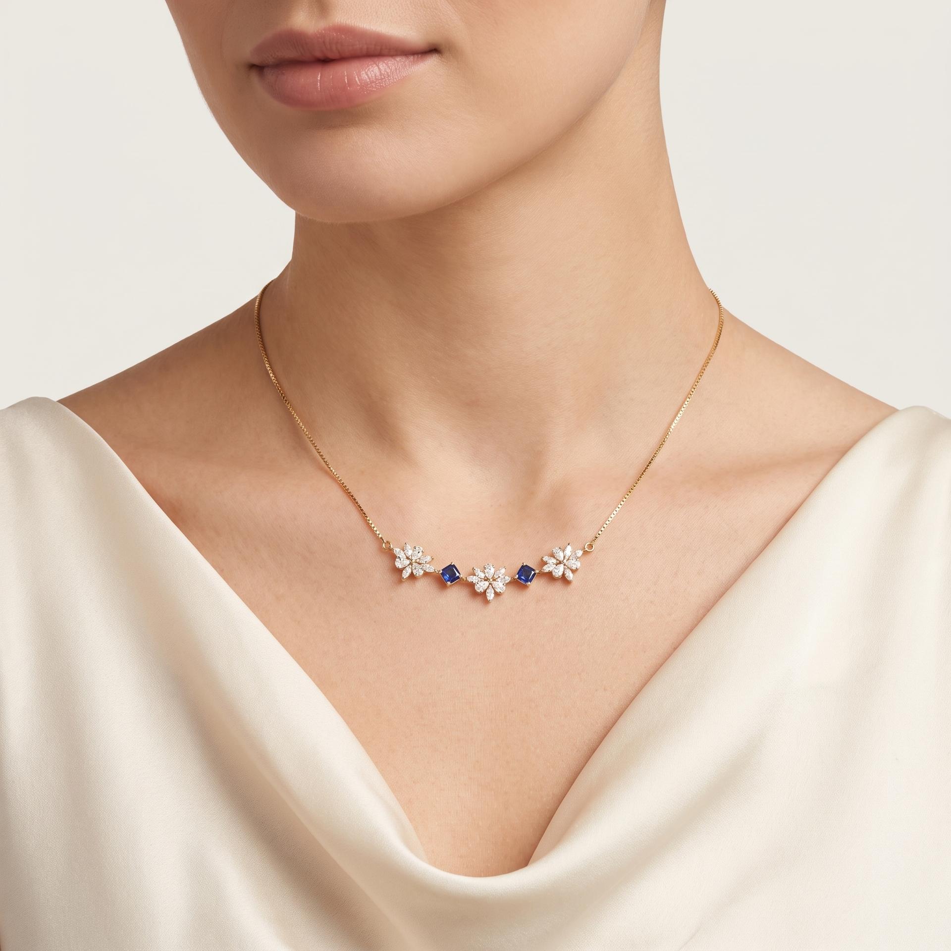 Diamond & Sapphire Floral Trio Necklace on model