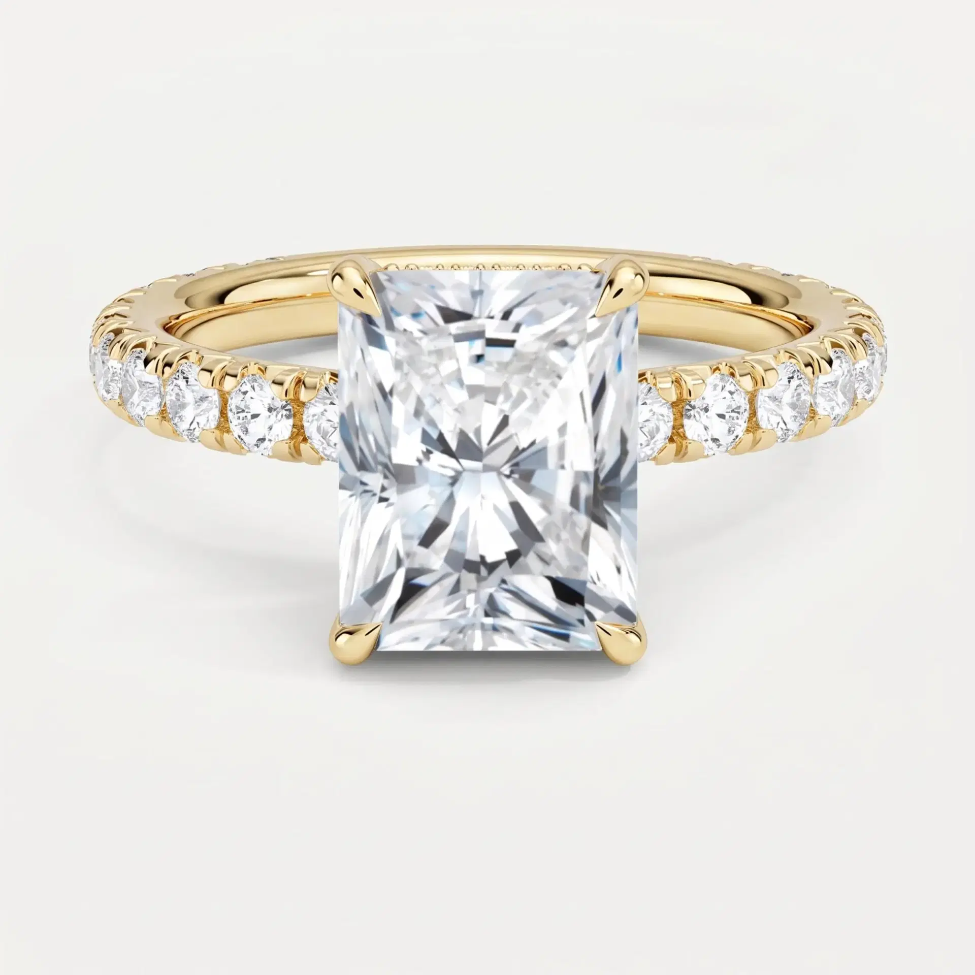Radiant Cut Diamond Hidden Halo Ring with Pavé Shank