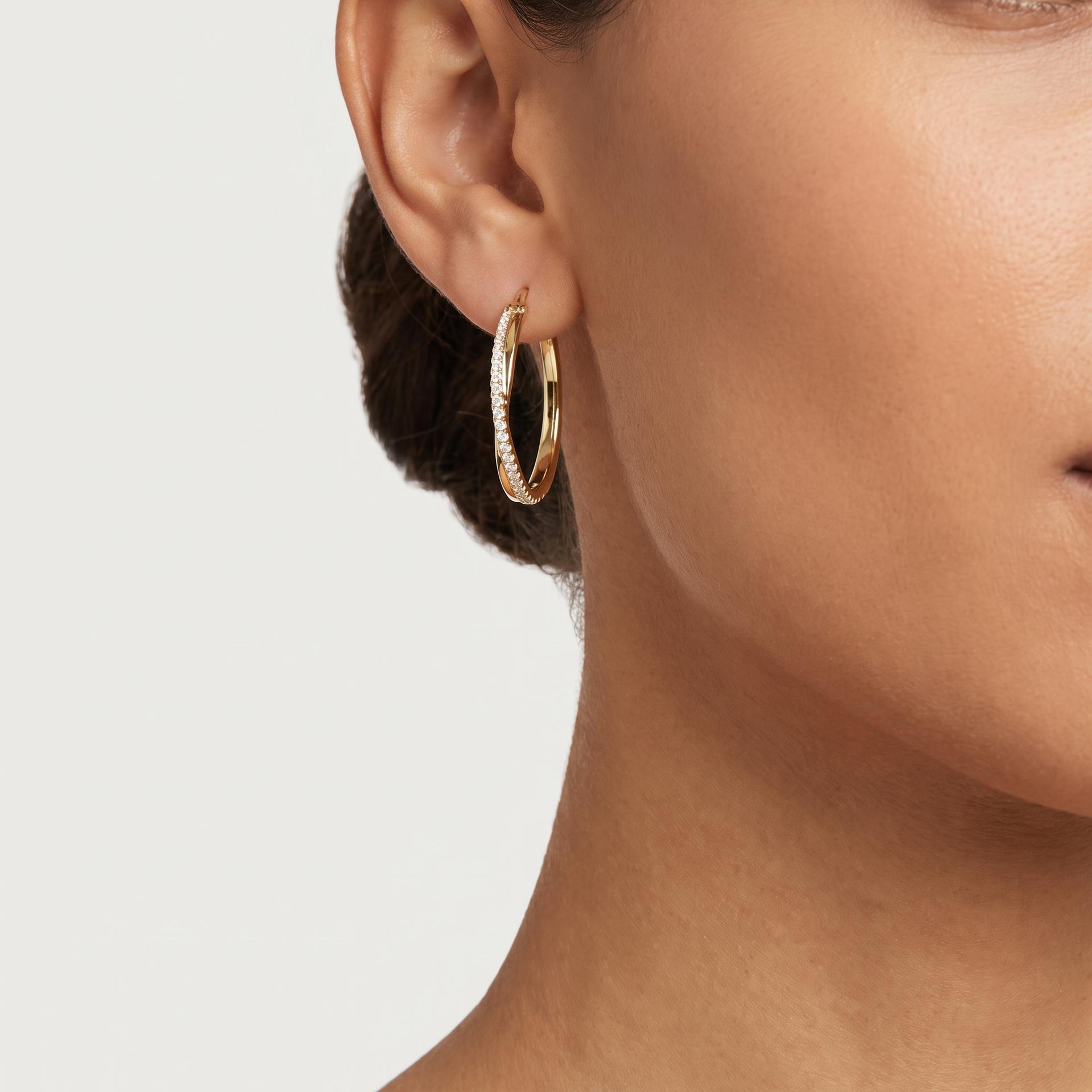 Round Diamond Pavé French Wire Hoop Earrings on model