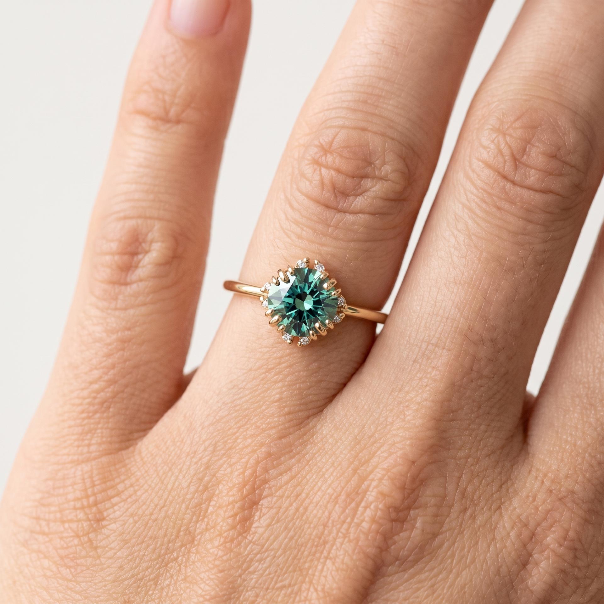 Round Sapphire Diamond Halo Ring on model