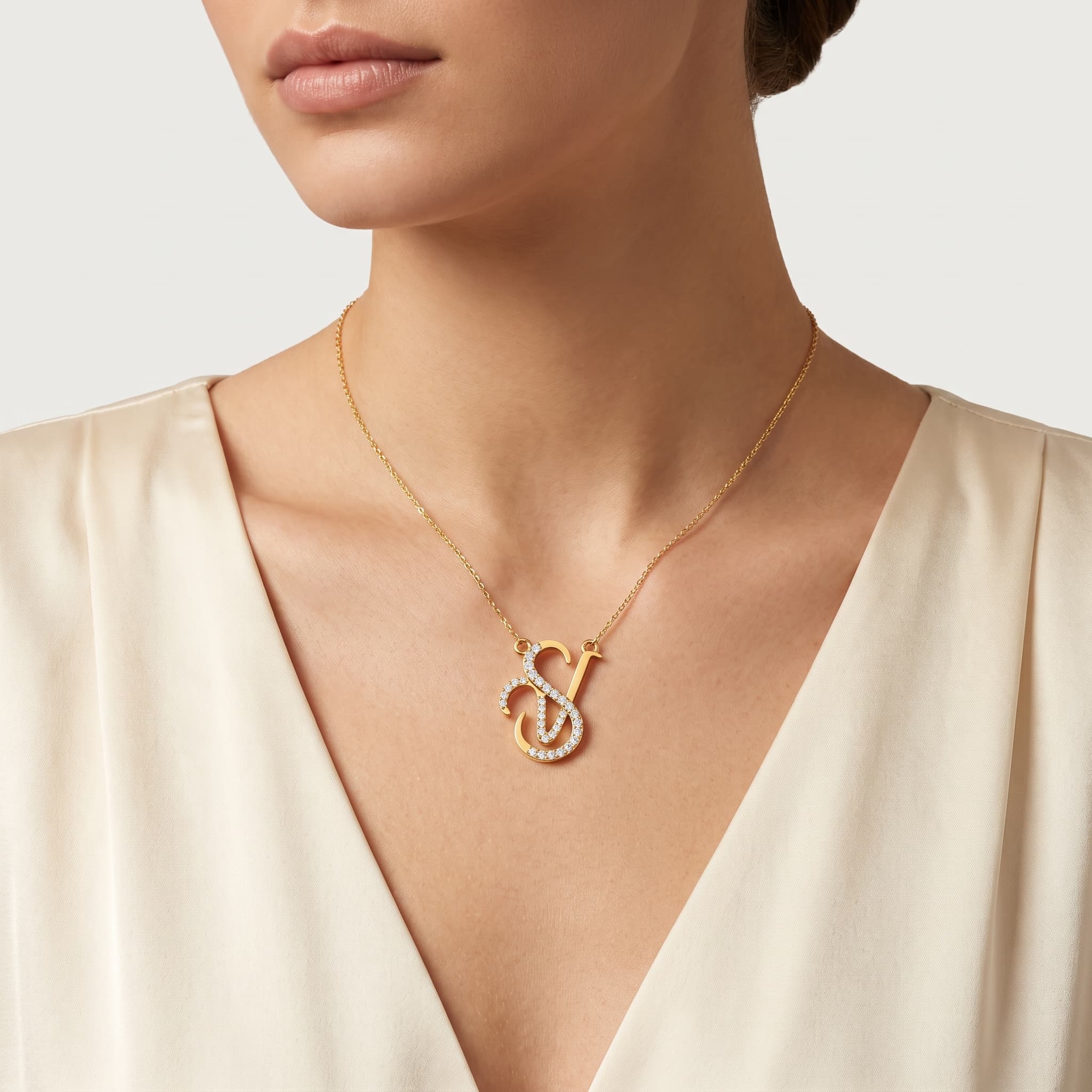 Signature S — Diamond Script Initial Pendant on model