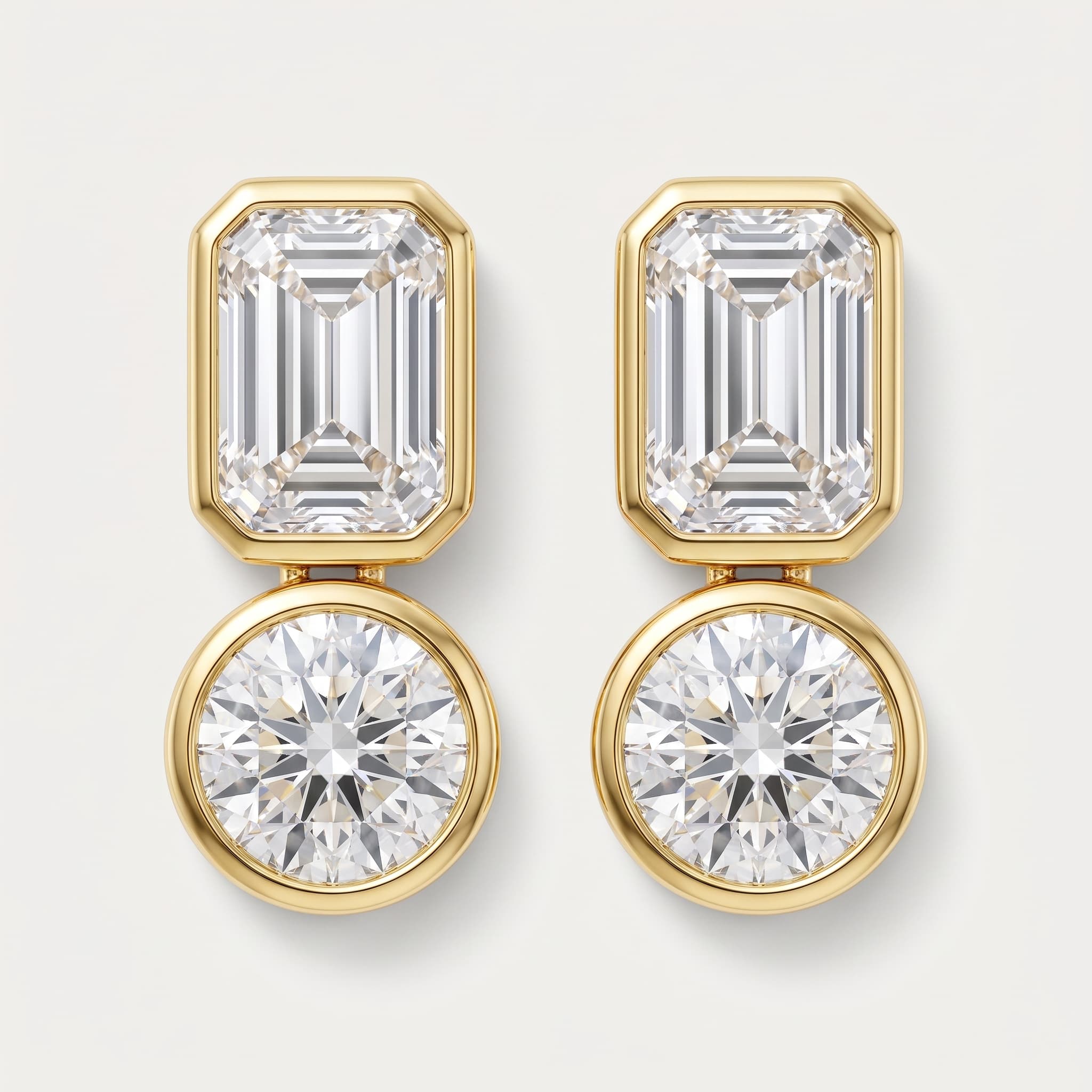 Two-Tier Glow — Emerald & Round Diamond Bezel Drop Stud Earrings