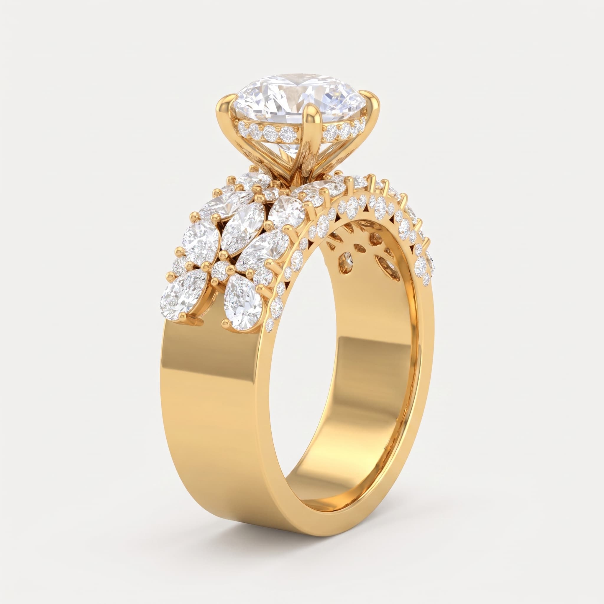 Grand Bouquet — Round, Pear & Marquise Diamond Cluster Ring with Pavé Shank on model