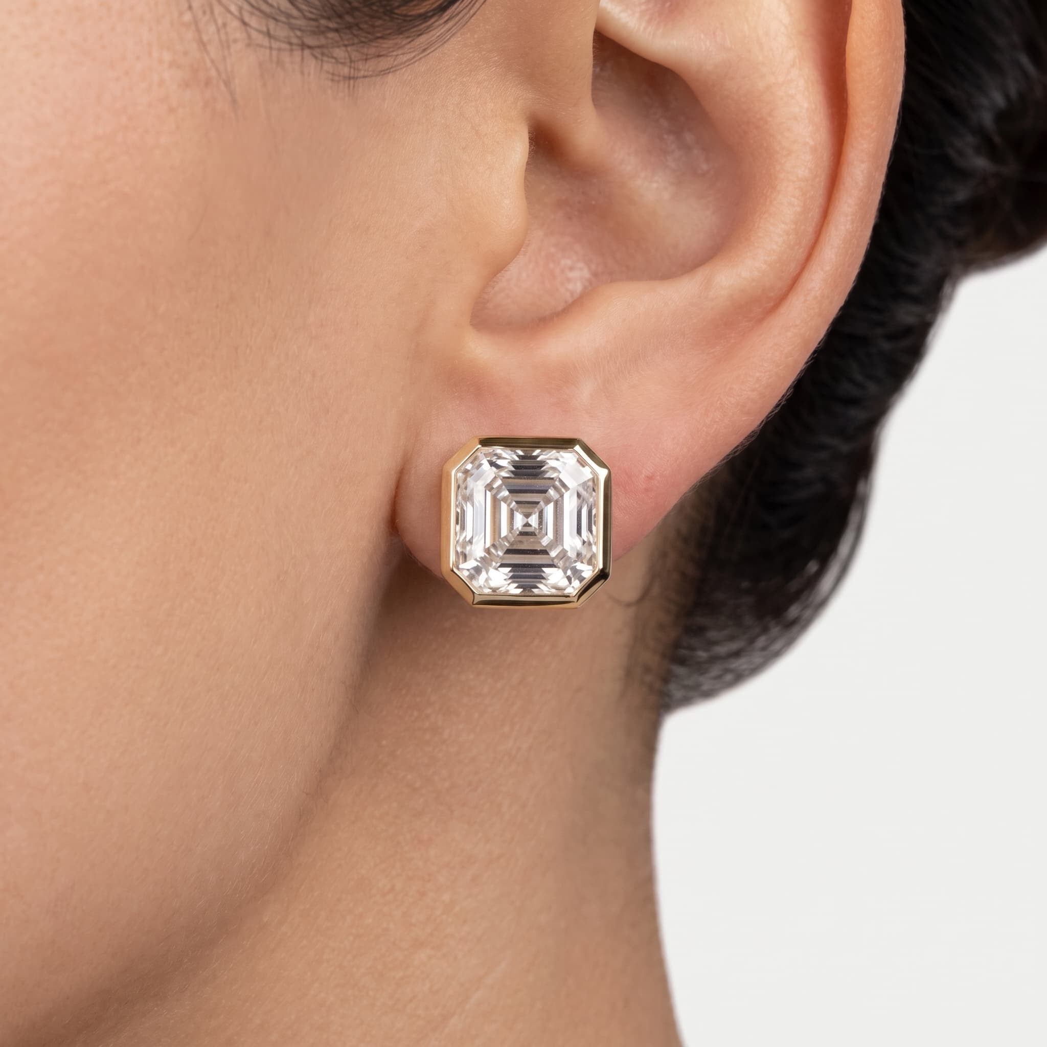 Golden Frame — Asscher Cut Diamond Bezel Stud Earrings on model
