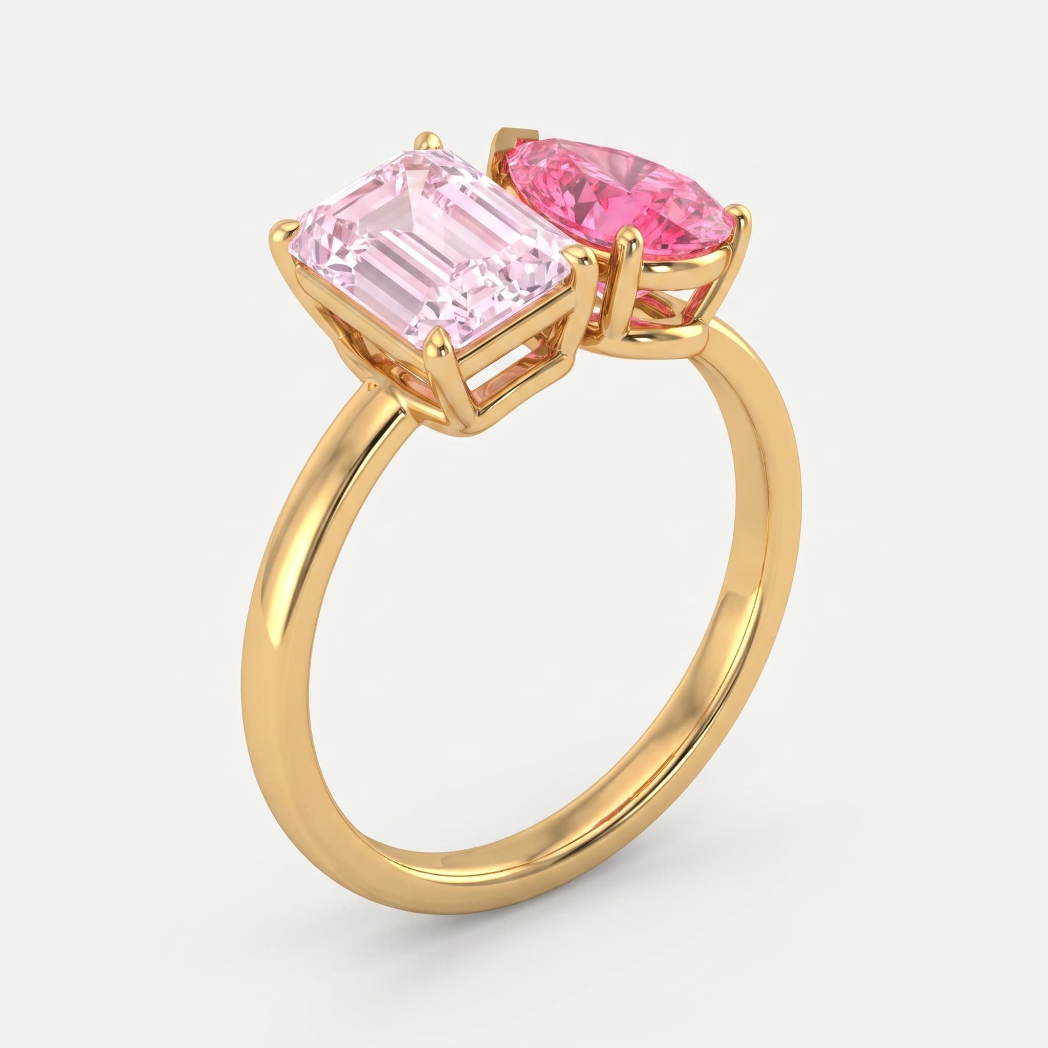 Blush & Blaze — Fancy Pink Emerald & Pear Diamond Two Stone Ring on model