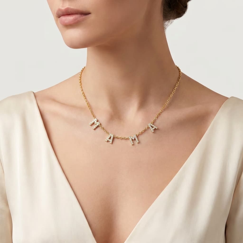 For Mama — Diamond Letter Charm Necklace on model