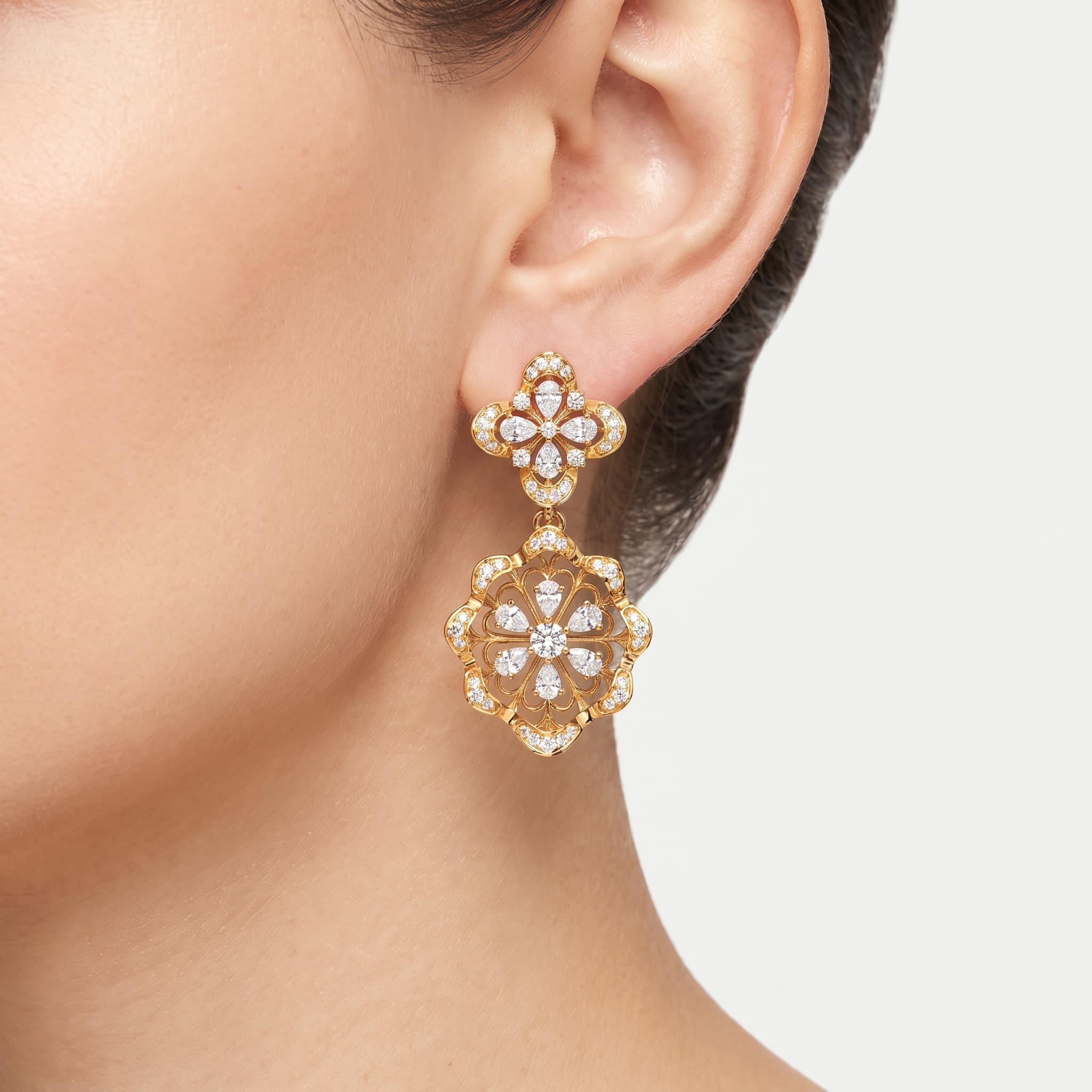 Byzantine Bloom — Round & Pear Diamond Double Flower Drop Earrings thumbnail 3