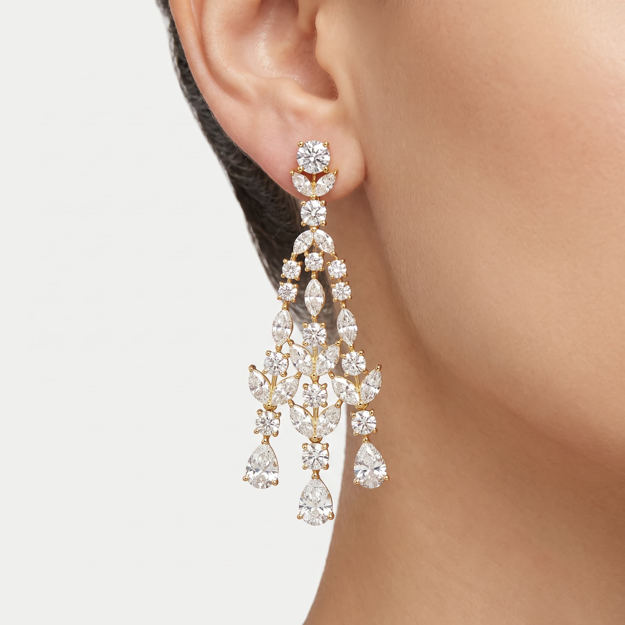 Grand Cascade — Round, Pear & Marquise Diamond Chandelier Earrings on model