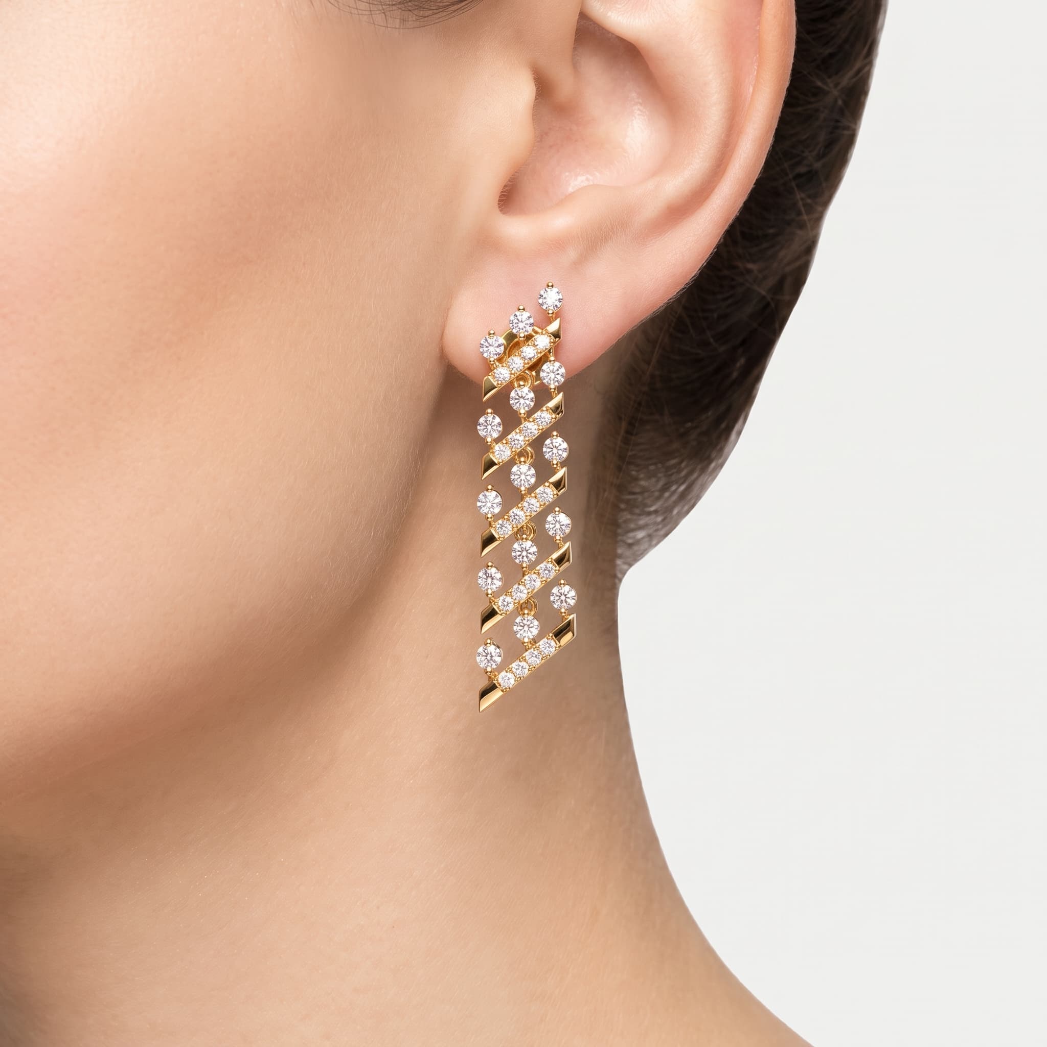 Diagonal Rain — Round Diamond Ladder Drop Earrings on model