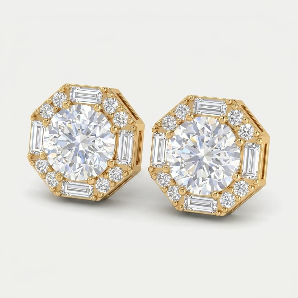 Octagon Halo — Round & Baguette Diamond Stud Earrings