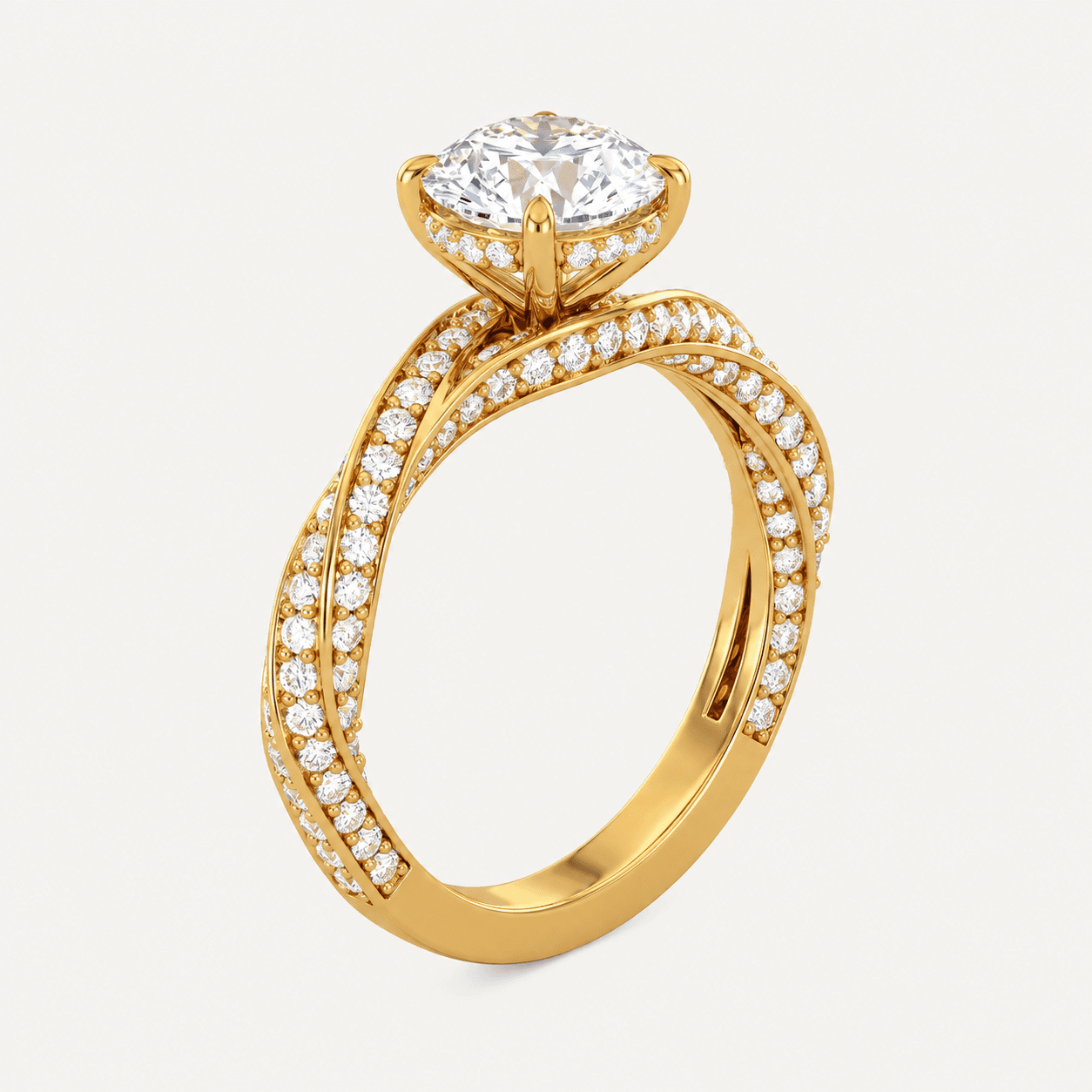 Twist of Fate — Round Diamond Solitaire with Twisted Pavé Shank on model