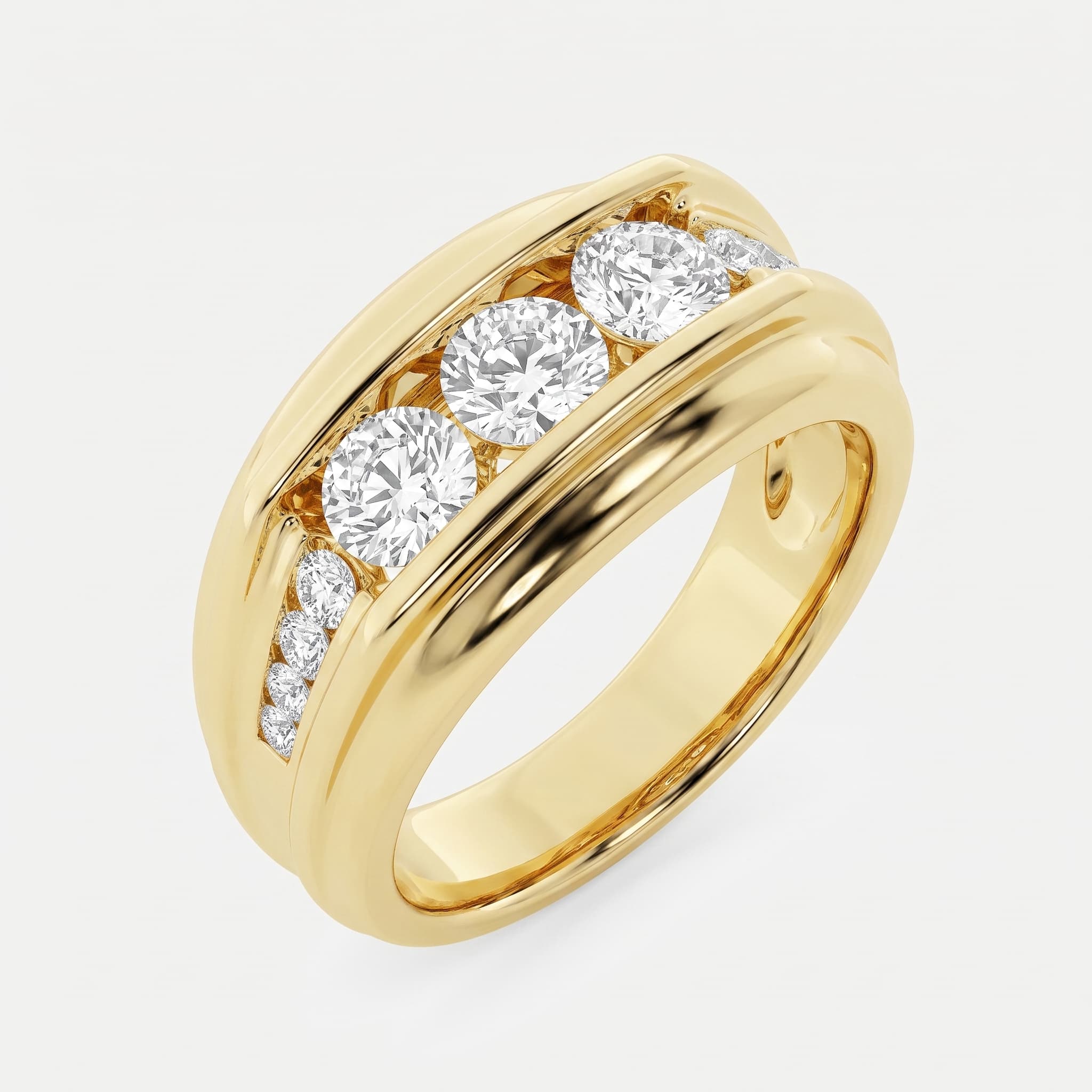 Three Radiance — Round Diamond Three Stone Channel Wedding Ring on model