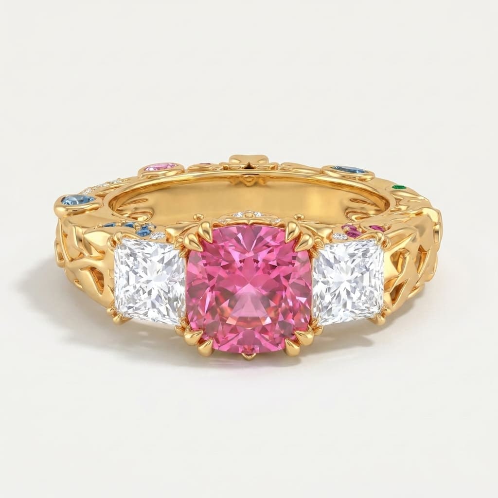Rosewild — Fancy Pink Cushion Diamond Three Stone Ring