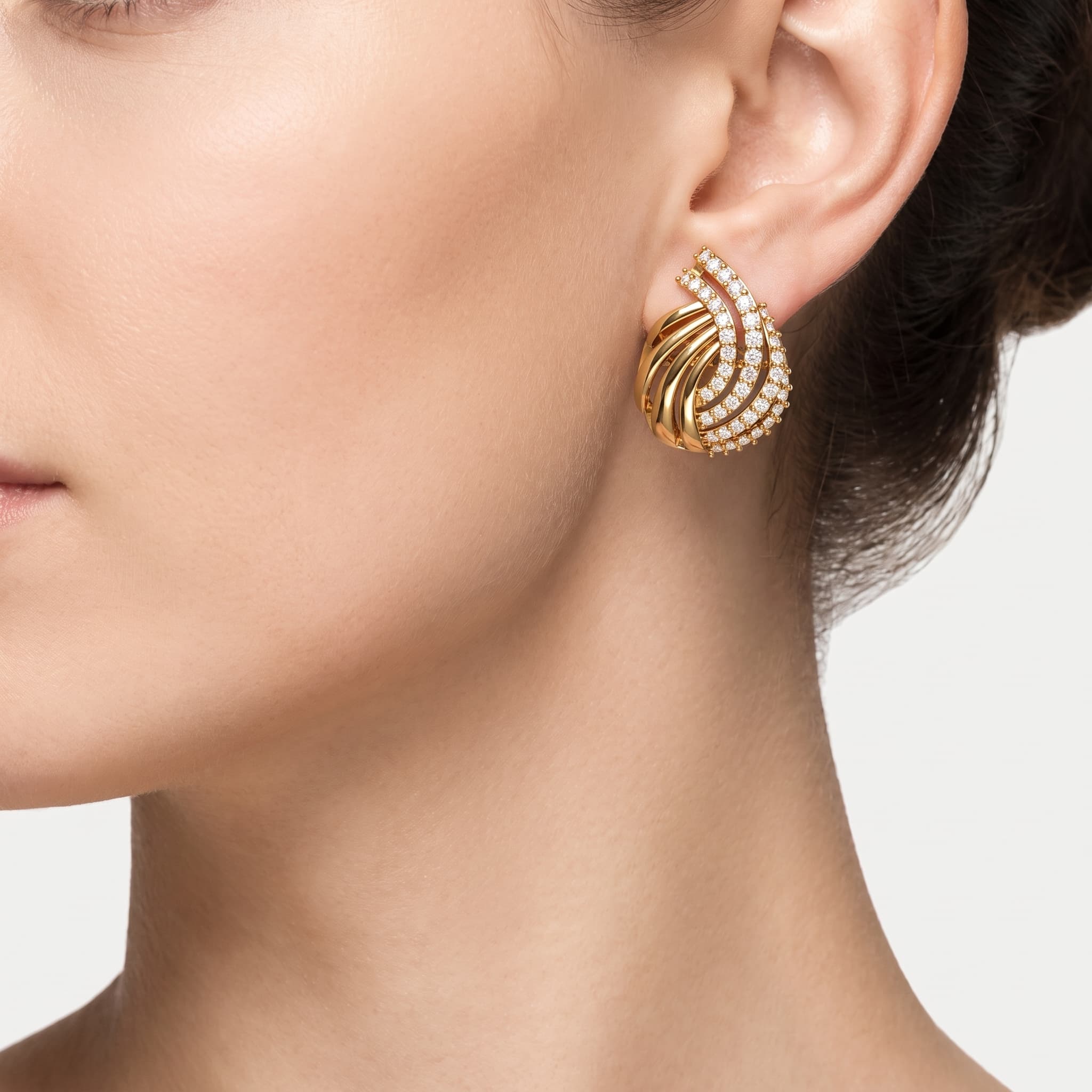 Whirlwind Petal — Pavé Diamond Swirl Stud Earrings on model