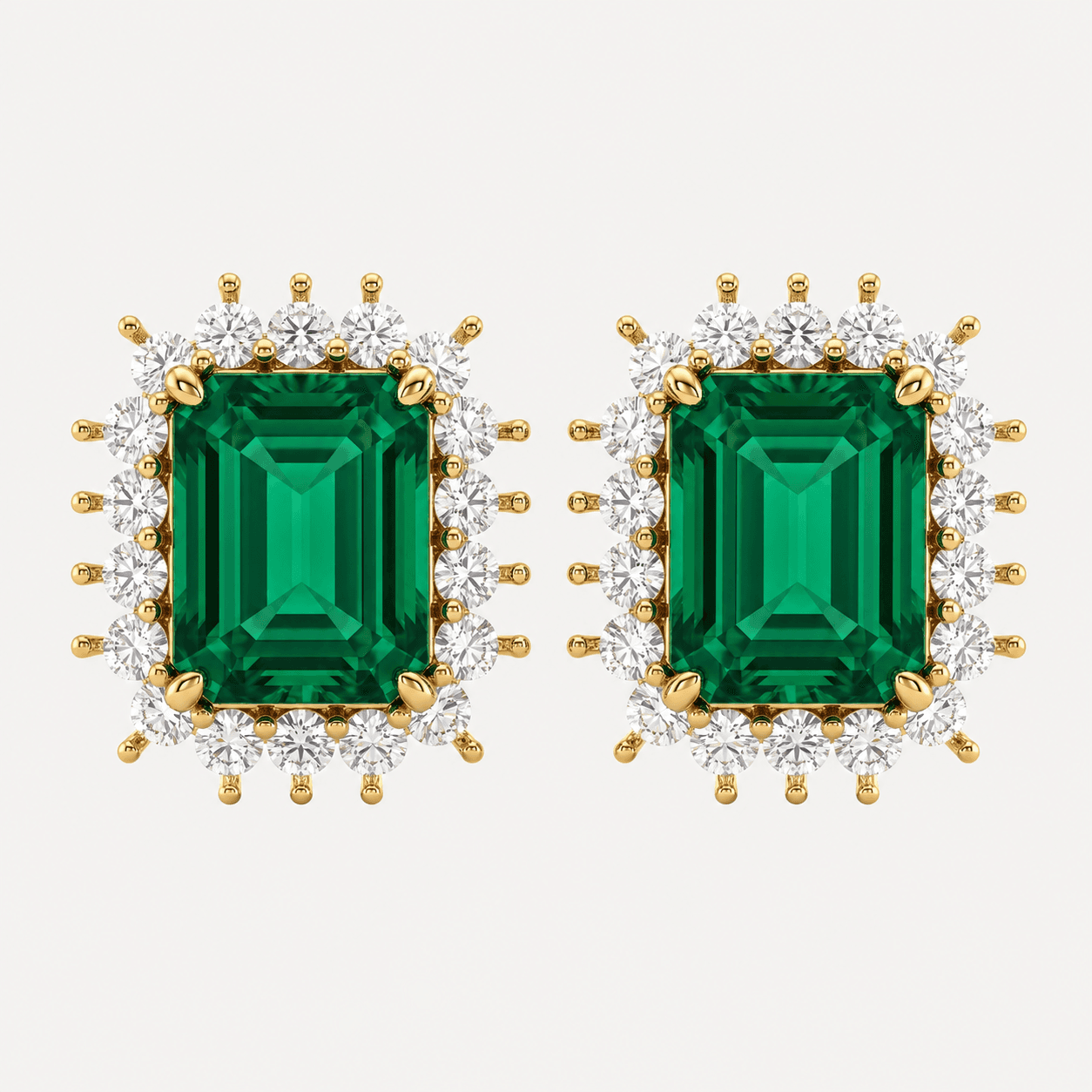 Emerald Bloom — Emerald Cut Halo Stud Earrings