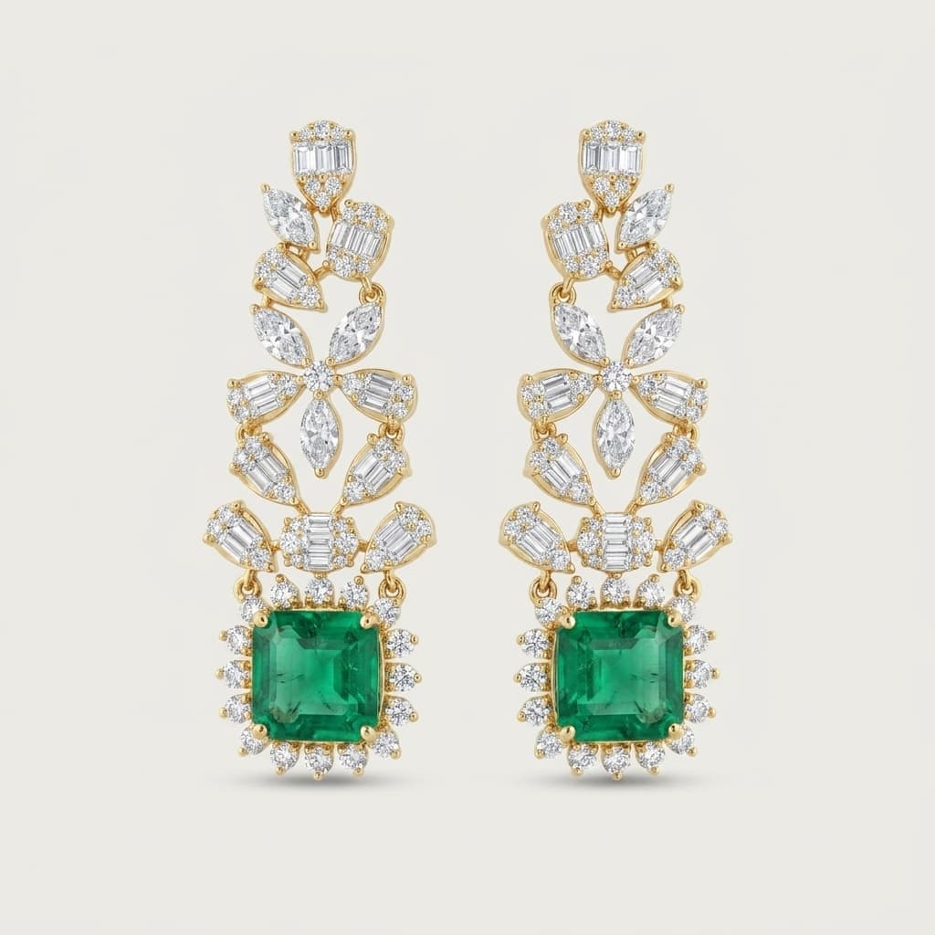 Winter Garden — White Diamond & Emerald Cascade Earrings
