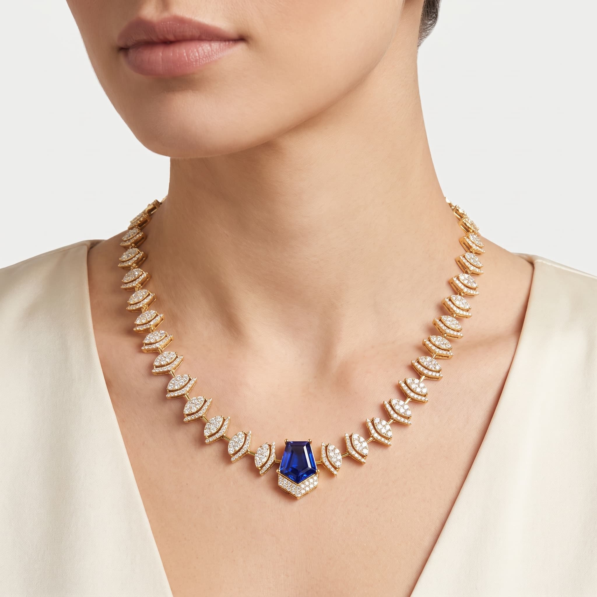 Azure Reverie — Fancy Blue Diamond Statement Necklace on model