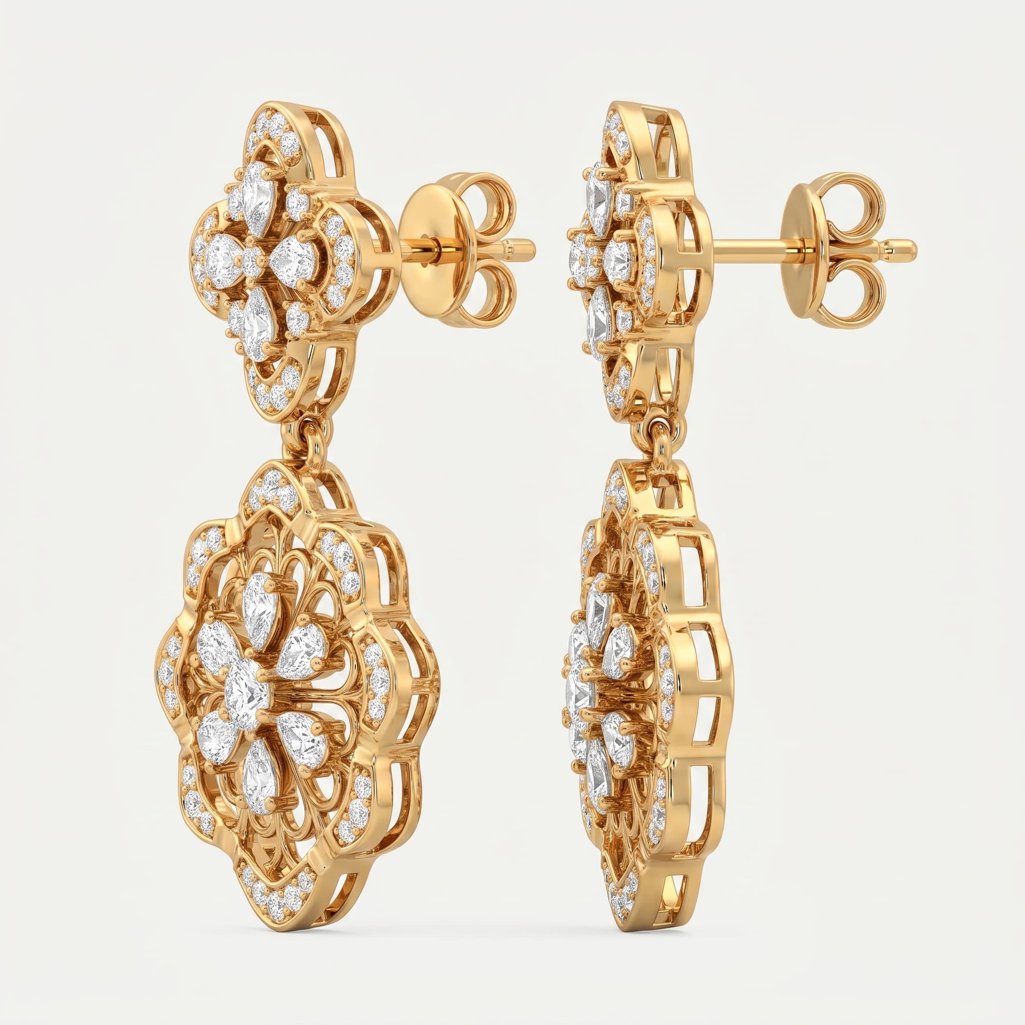 Byzantine Bloom — Round & Pear Diamond Double Flower Drop Earrings on model