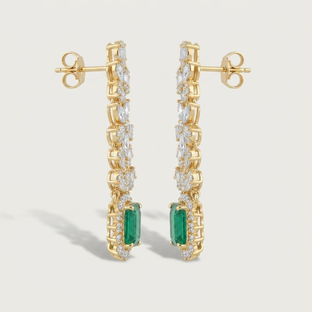Winter Garden — White Diamond & Emerald Cascade Earrings on model