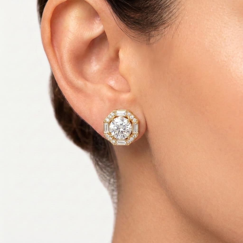 Octagon Halo — Round & Baguette Diamond Stud Earrings thumbnail 3